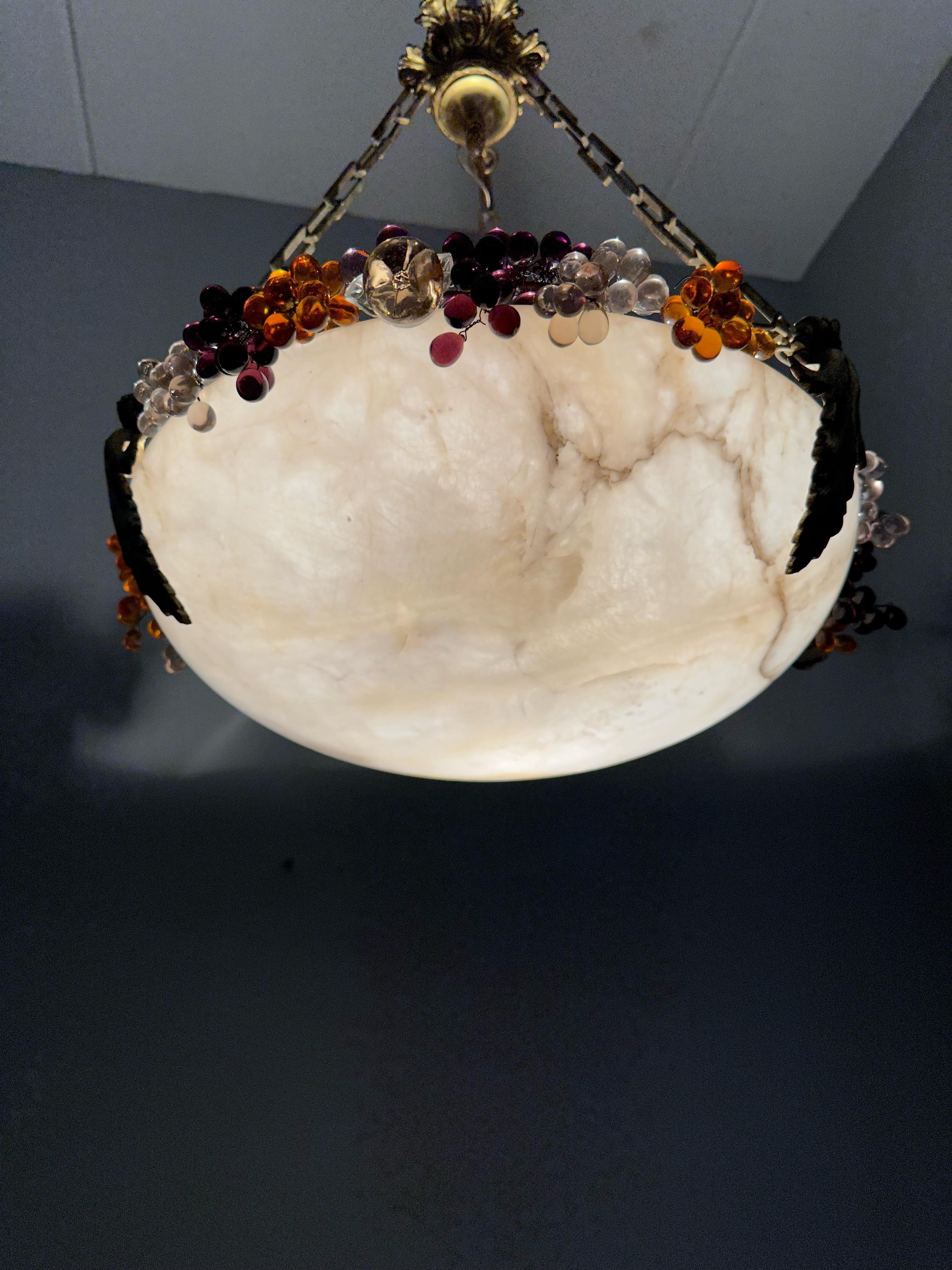 Striking Art Deco Moon Shape Alabaster Pendant Light Bronze Hardware Glass Beads For Sale 10