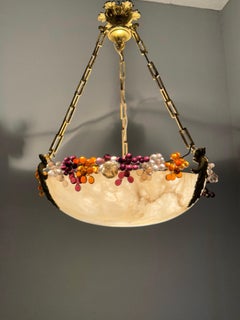 Striking Art Deco Moon Shape Alabaster Pendant Light Bronze Hardware Glass Beads