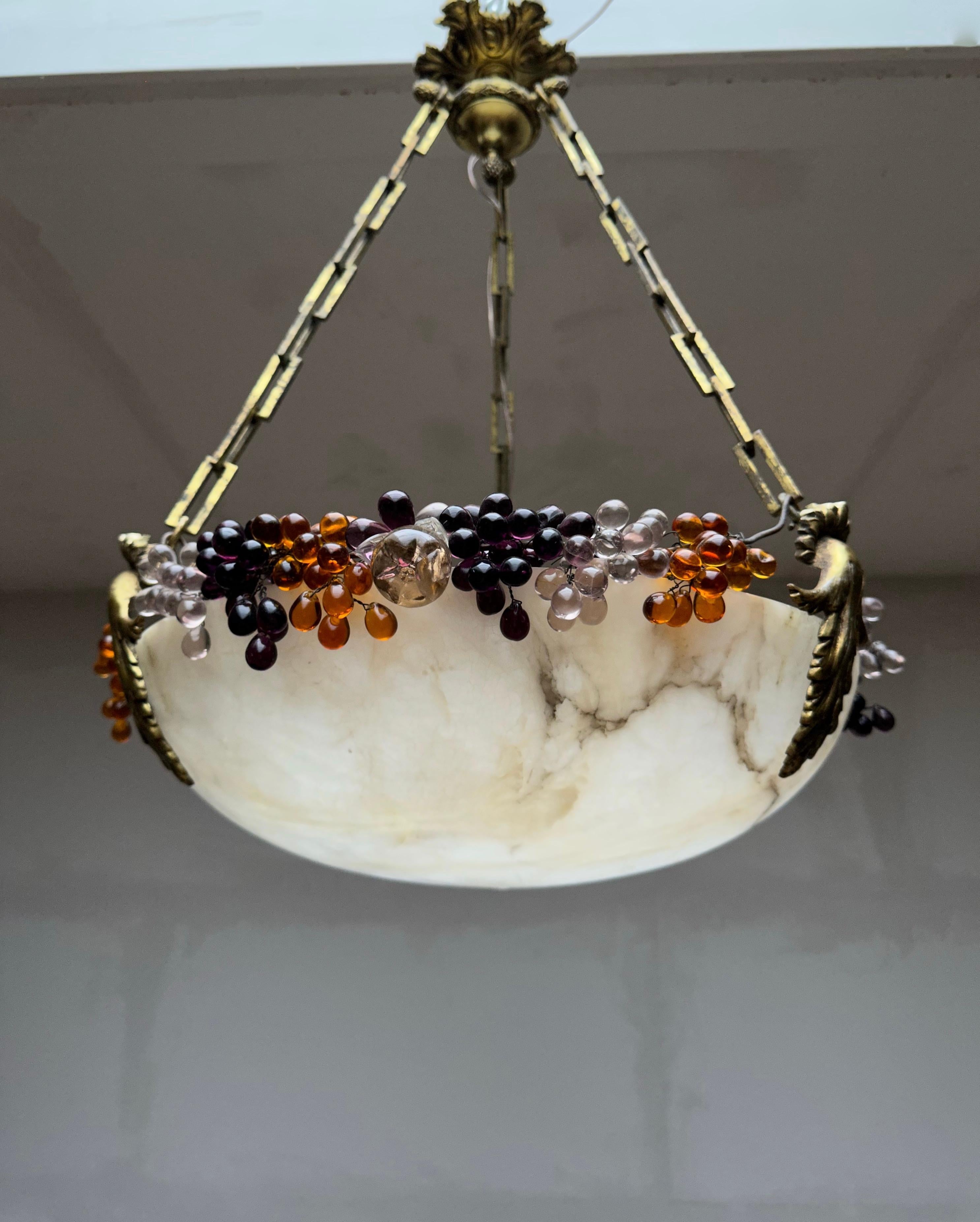 Hand-Carved Striking Art Deco Moon Shape Alabaster Pendant Light Bronze Hardware Glass Beads For Sale
