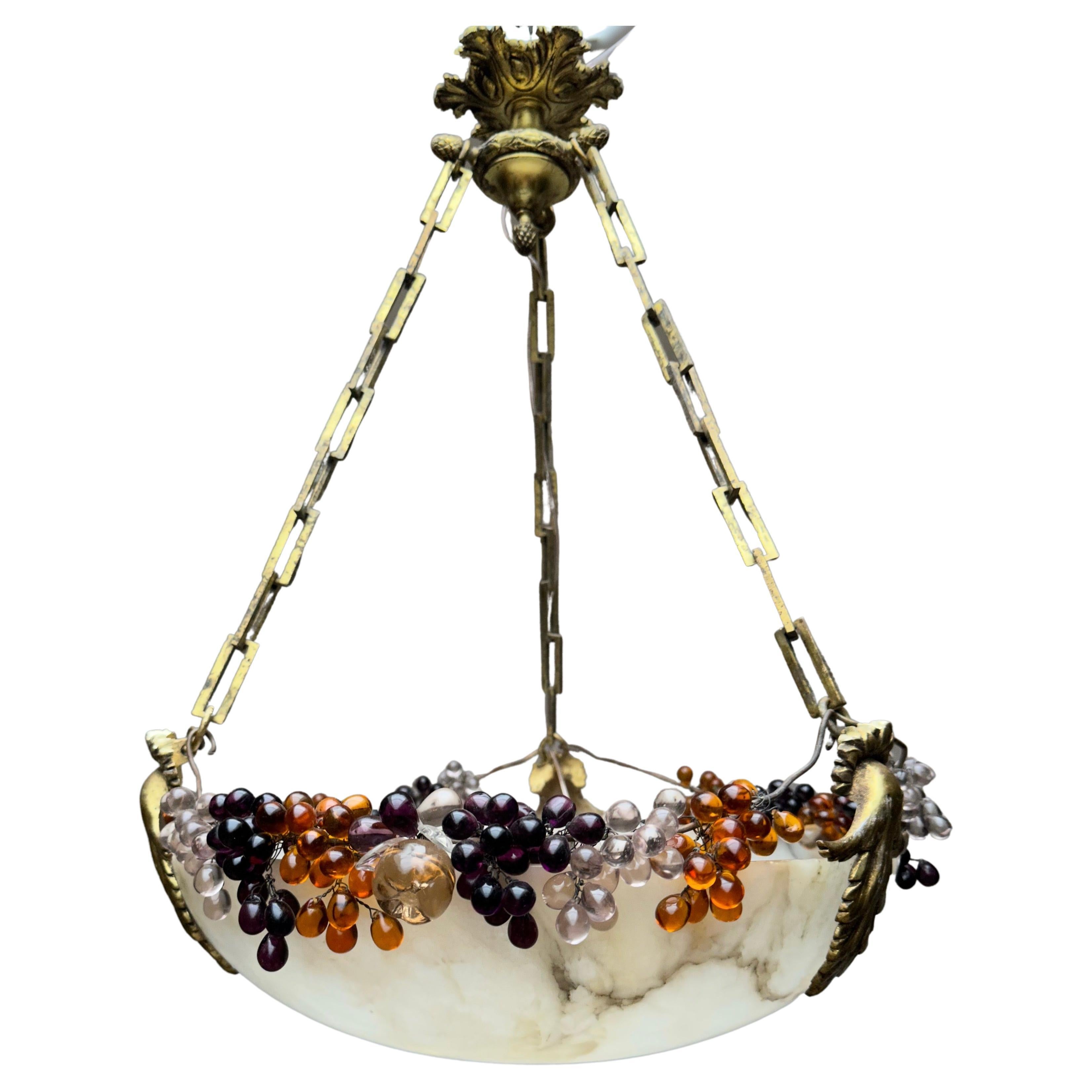 Striking Art Deco Moon Shape Alabaster Pendant Light Bronze Hardware Glass Beads For Sale