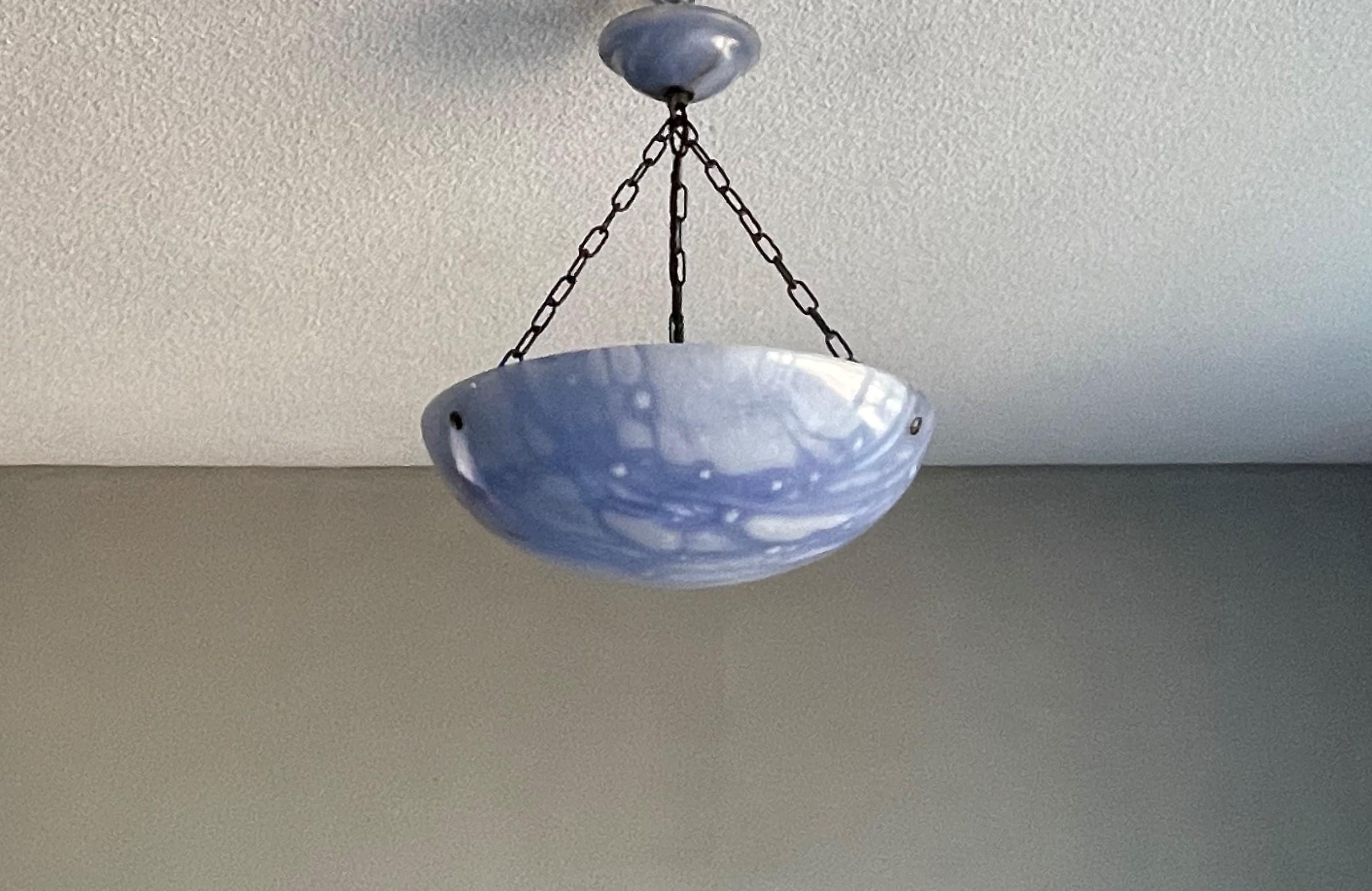 Striking Art Deco Pendant / Flushmount with a Mint Blue Alabaster Shade & Canopy 9