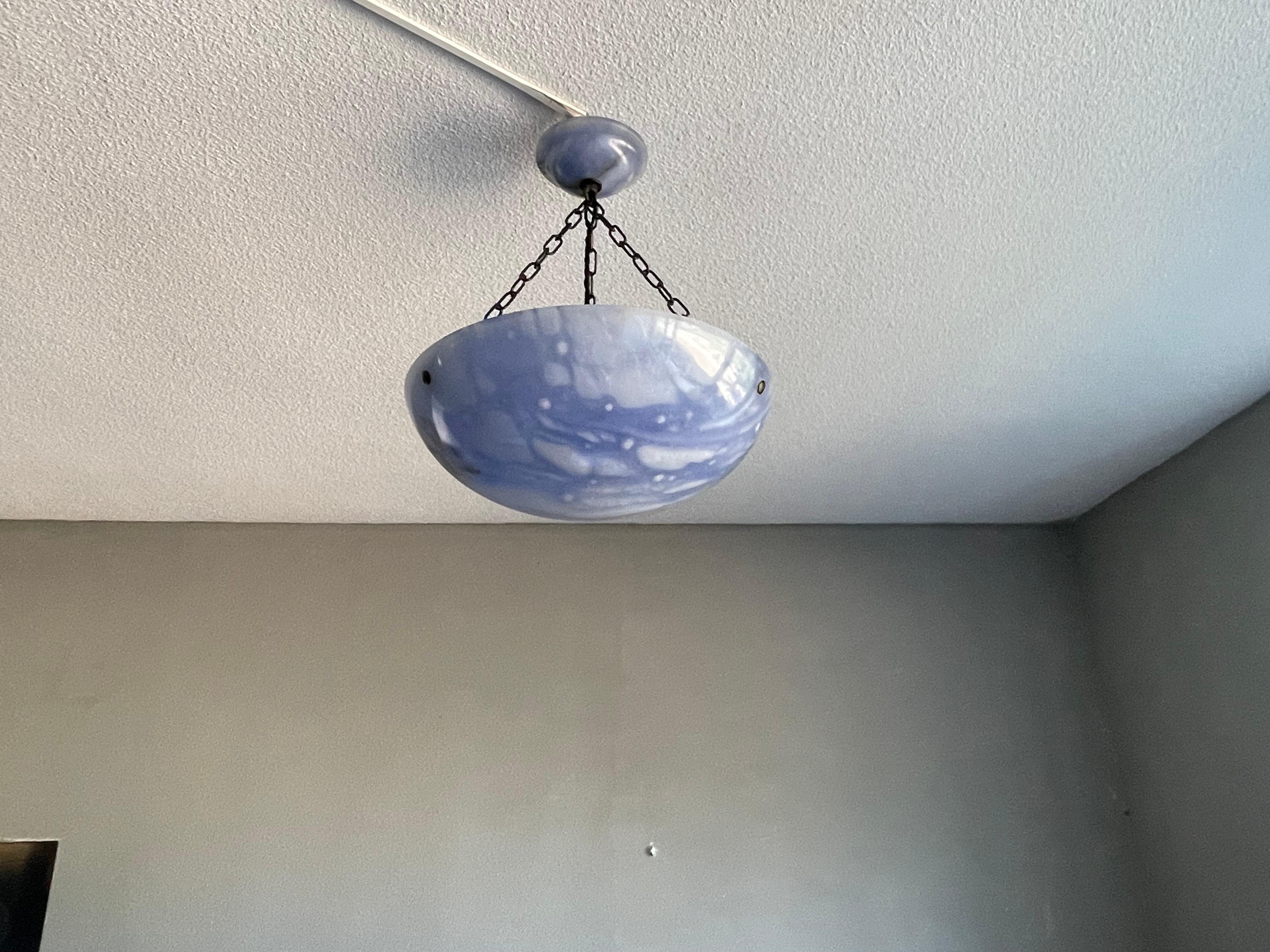 Striking Art Deco Pendant / Flushmount with a Mint Blue Alabaster Shade & Canopy 2