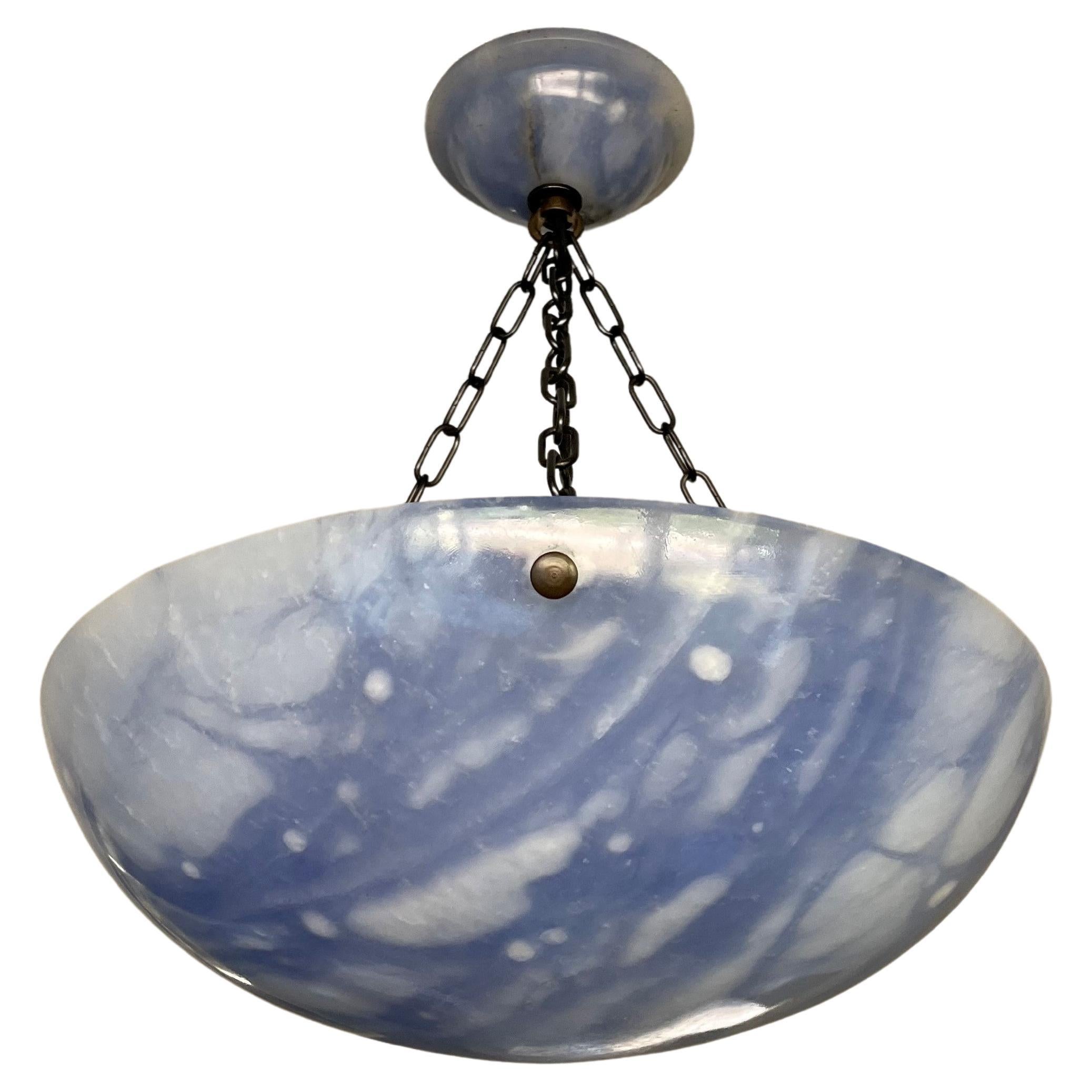 Striking Art Deco Pendant / Flushmount with a Mint Blue Alabaster Shade & Canopy
