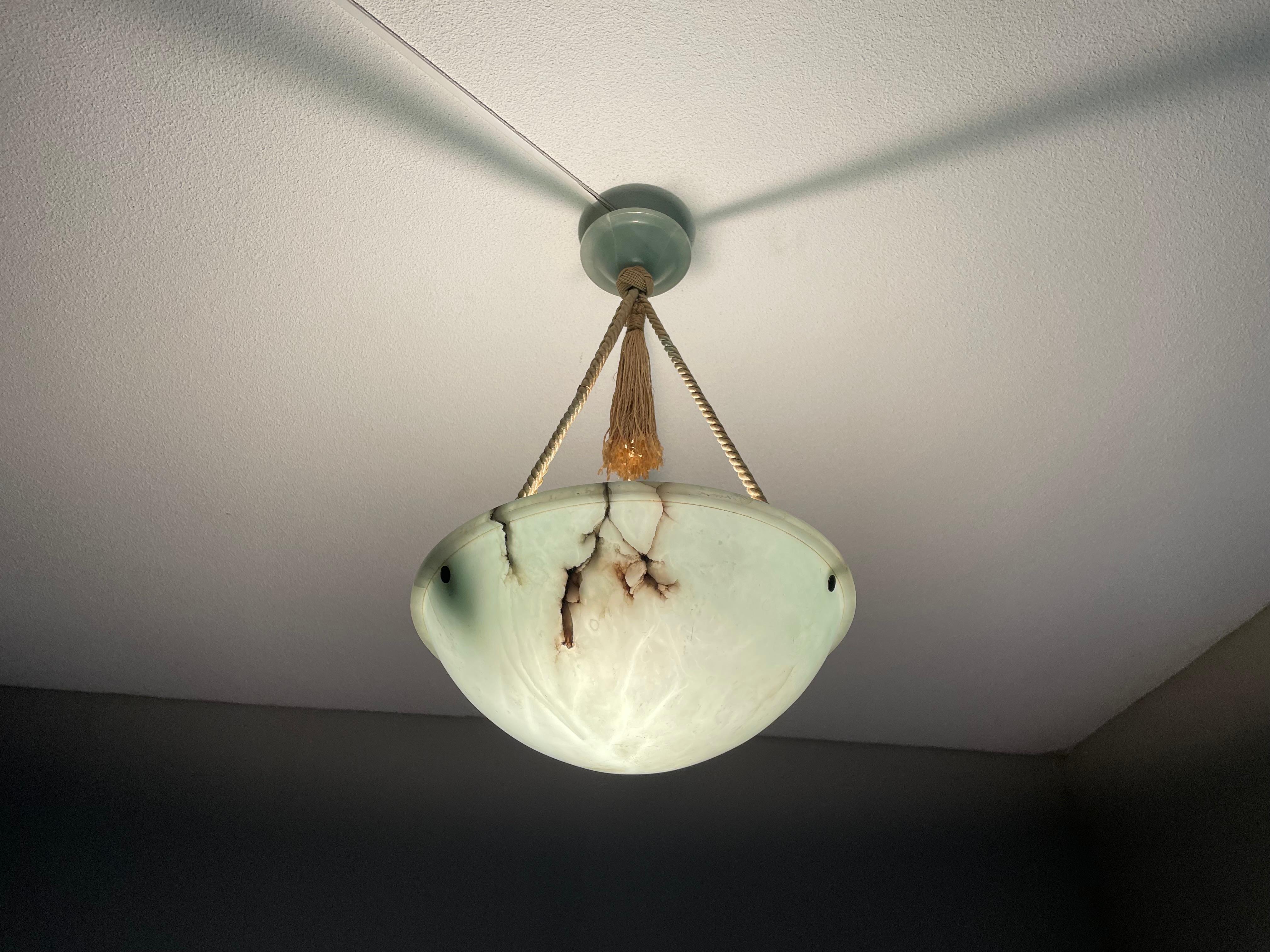 Striking Art Deco Pendant / Flushmount with Mint Green Alabaster Shade & Canopy 11