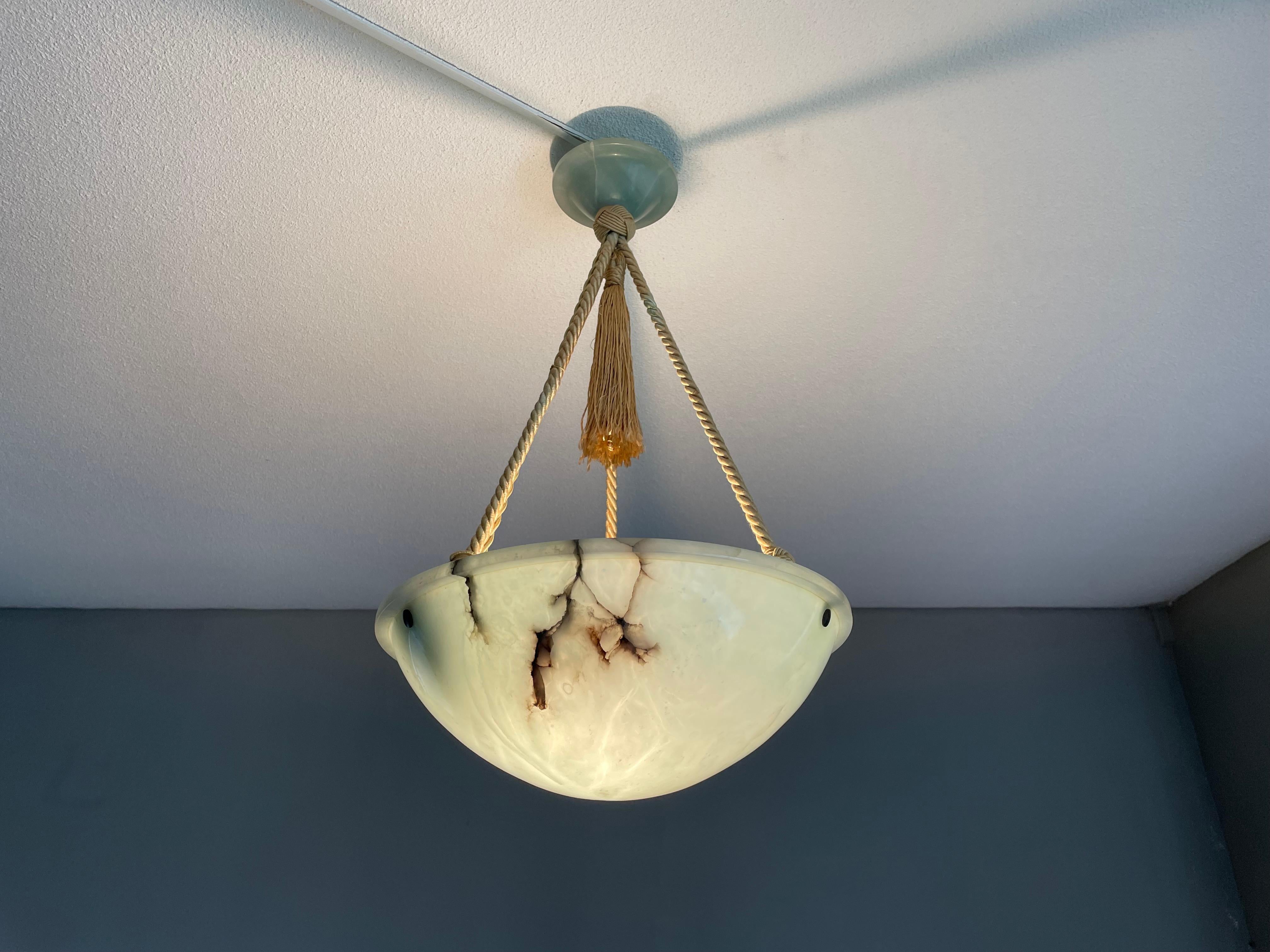 Striking Art Deco Pendant / Flushmount with Mint Green Alabaster Shade & Canopy 14