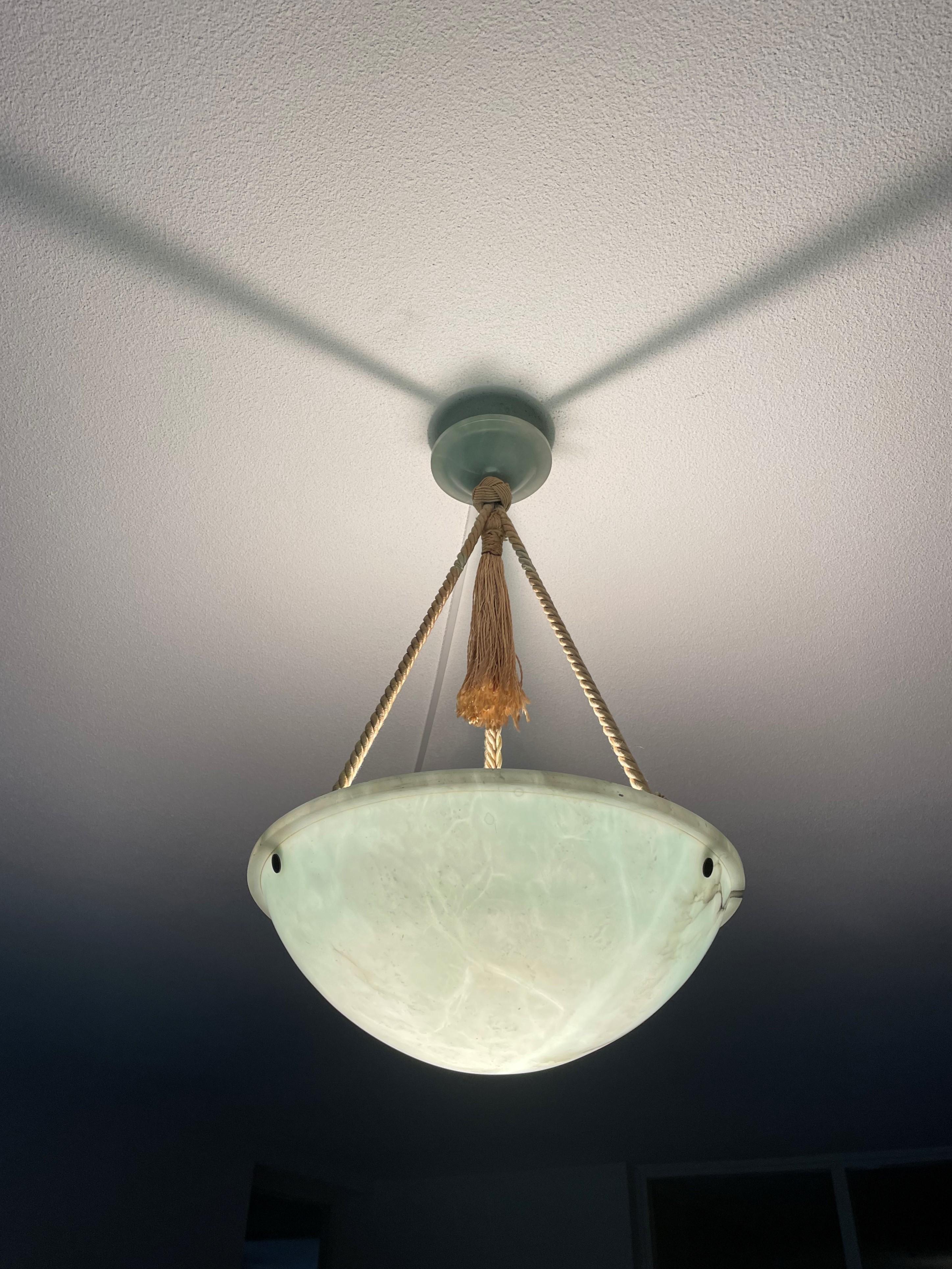 Hand-Carved Striking Art Deco Pendant / Flushmount with Mint Green Alabaster Shade & Canopy
