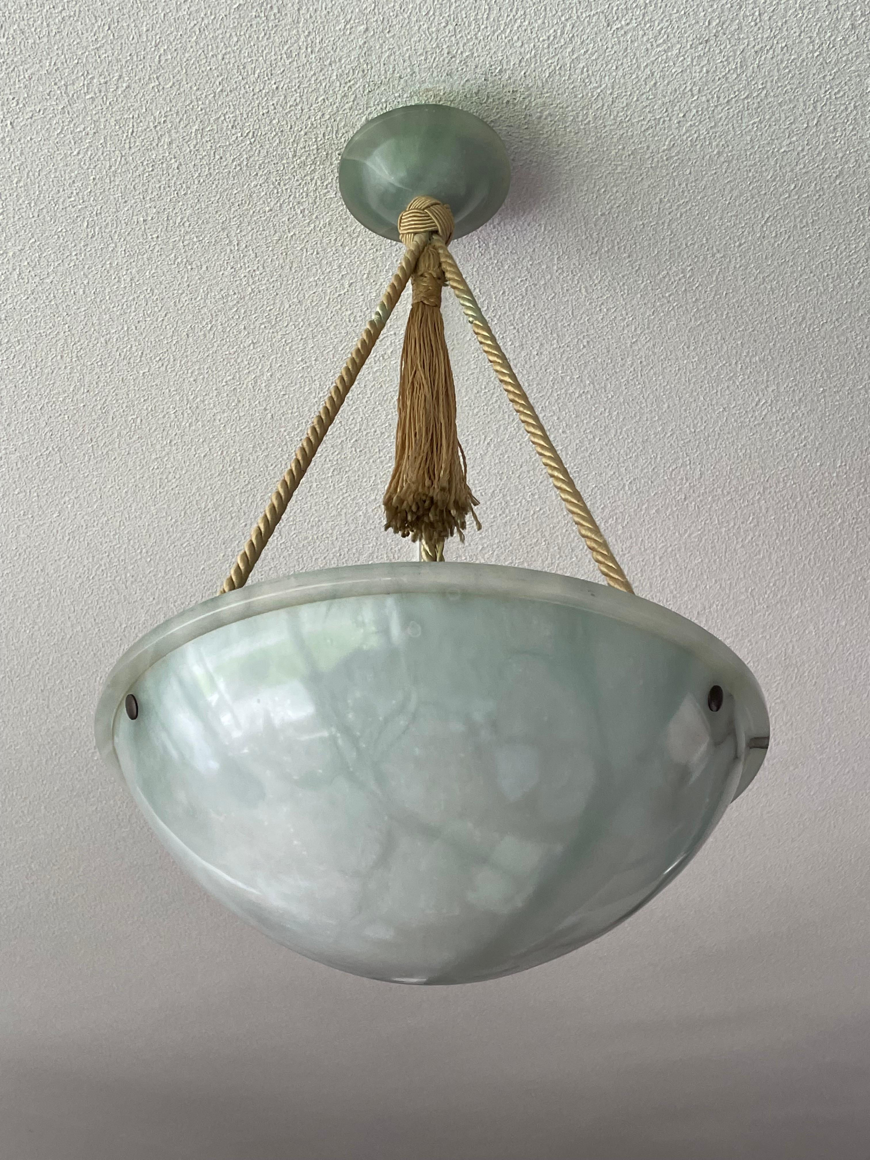 Striking Art Deco Pendant / Flushmount with Mint Green Alabaster Shade & Canopy In Excellent Condition In Lisse, NL