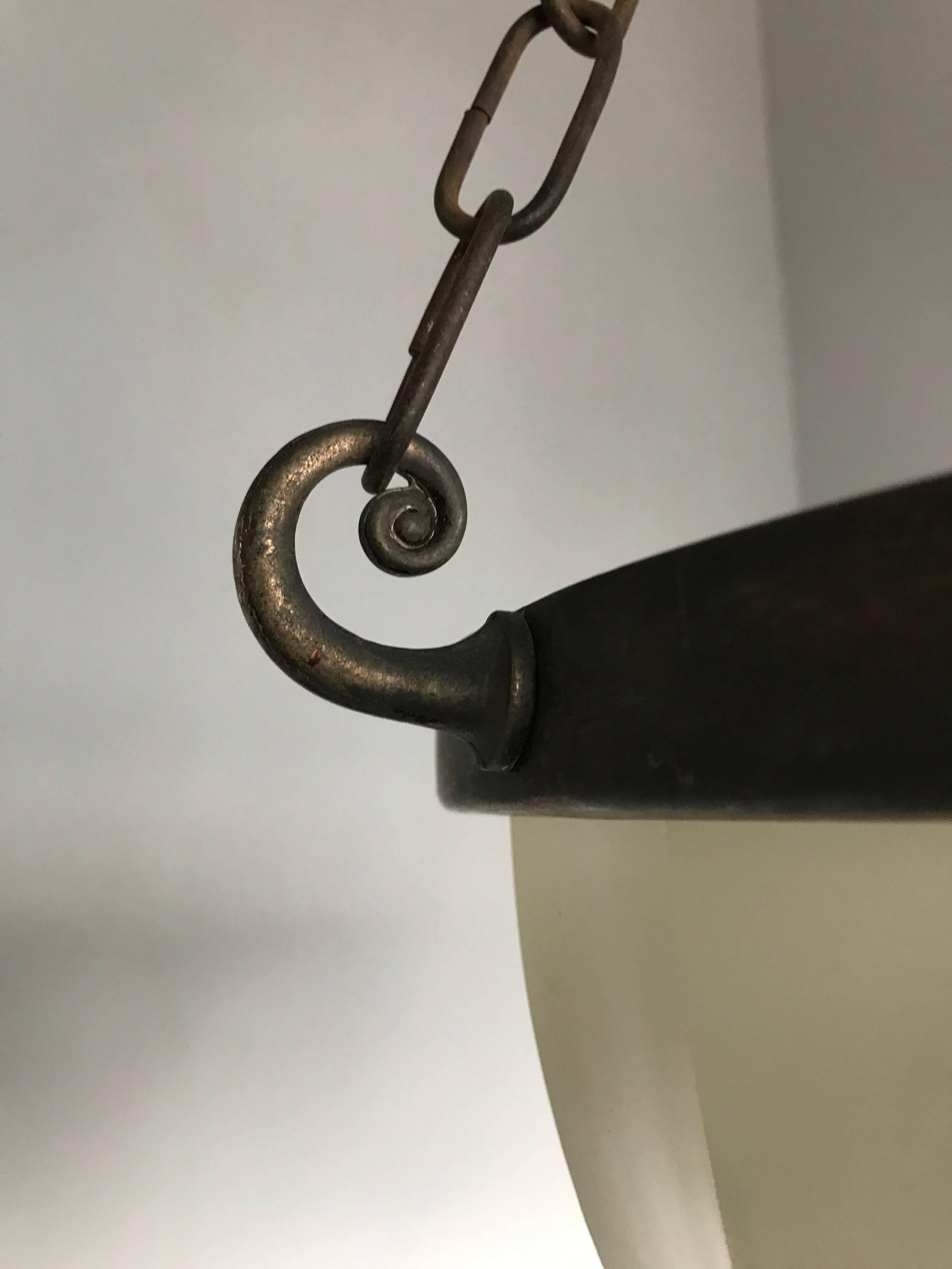 Striking Art Deco Period Milk Glass, Metal Chain Pendant Light, att. Jefferson 8