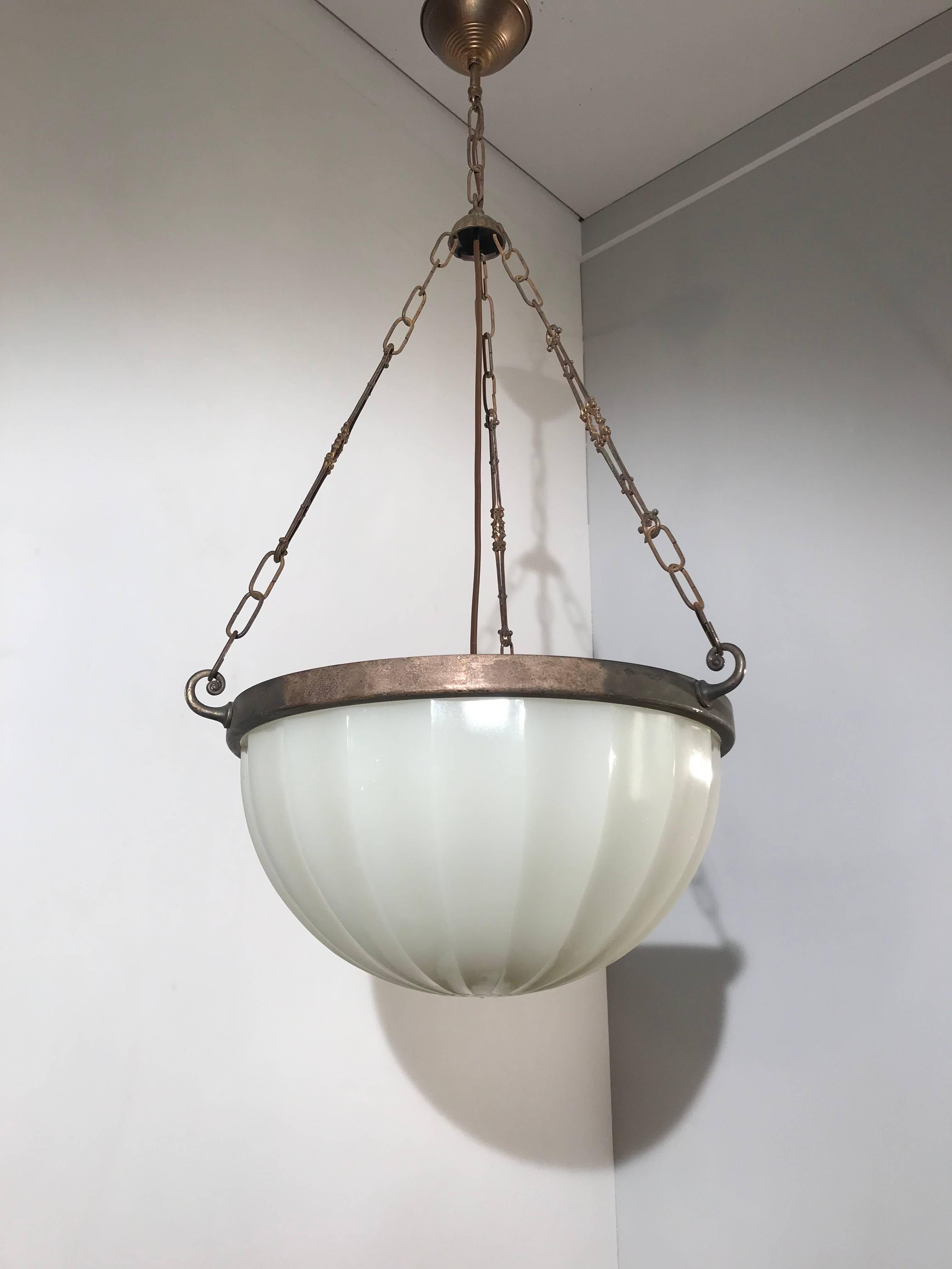 Striking Art Deco Period Milk Glass, Metal Chain Pendant Light, att. Jefferson 9