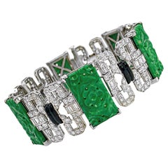 Striking Art-Deco Period Platinum, Jade, Black Enamel and Diamond Bracelet
