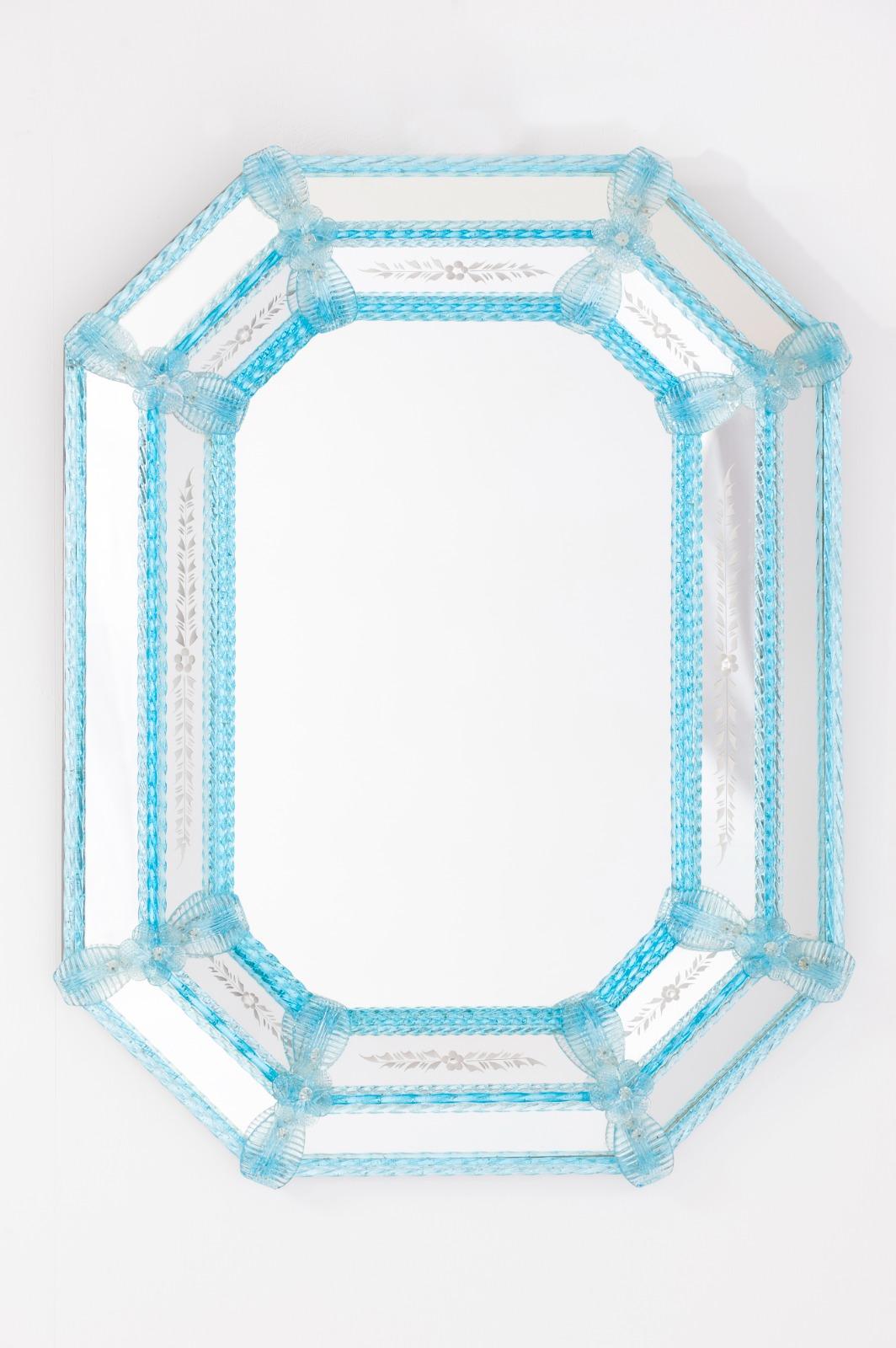 Striking Art Deco style Venetian Murano Mirror with Azure Accents.

Elevate your interior with this captivating Art Deco mirror, a testament to the exquisite craftsmanship of Murano glass artistry. Originating from the renowned glassmaking island of
