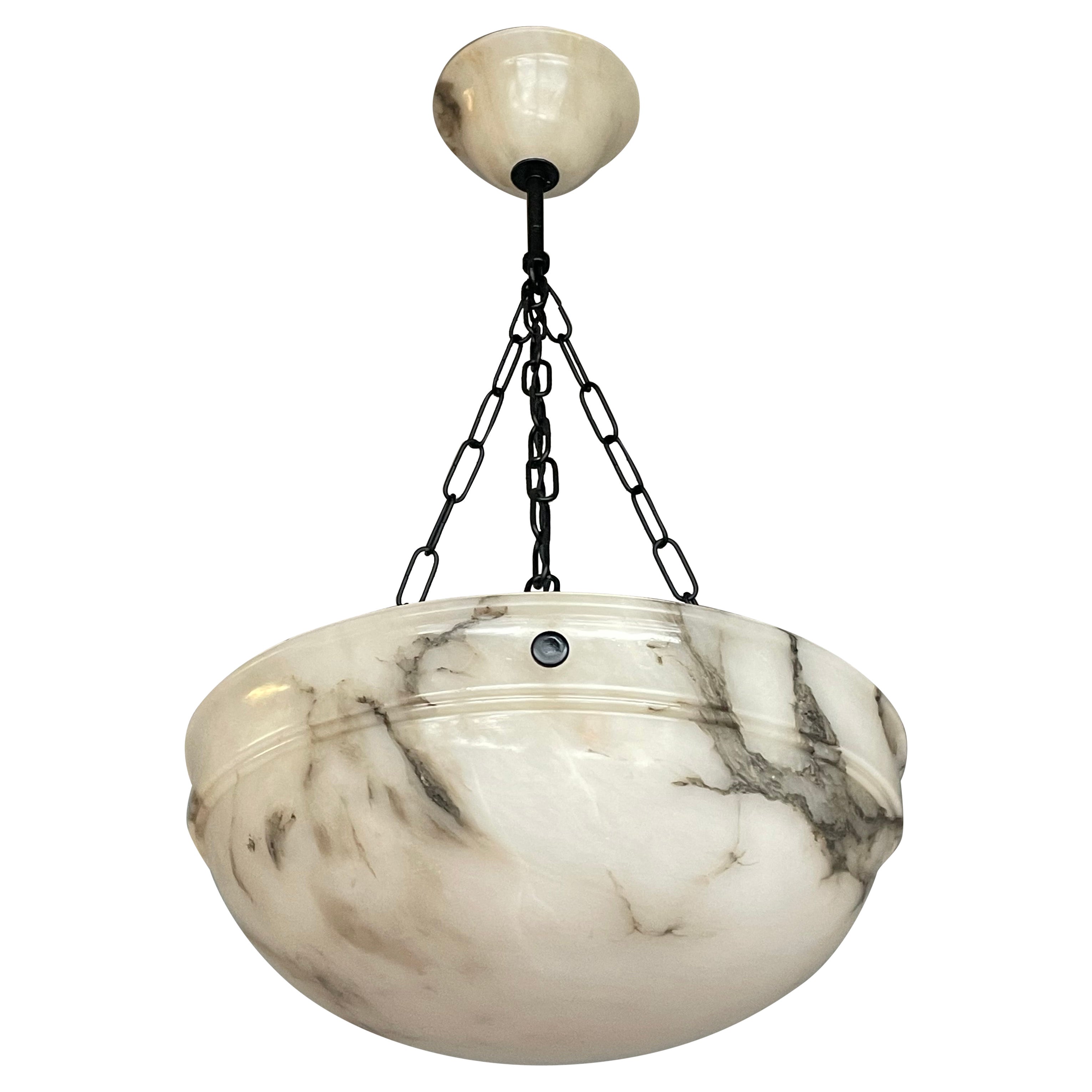Striking Art Deco White Alabaster Pendant Antique Handmade Light Fixture ca 1920