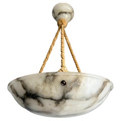 Striking Art Deco White Alabaster Pendant Antique Handmade Light Fixture ca 1920