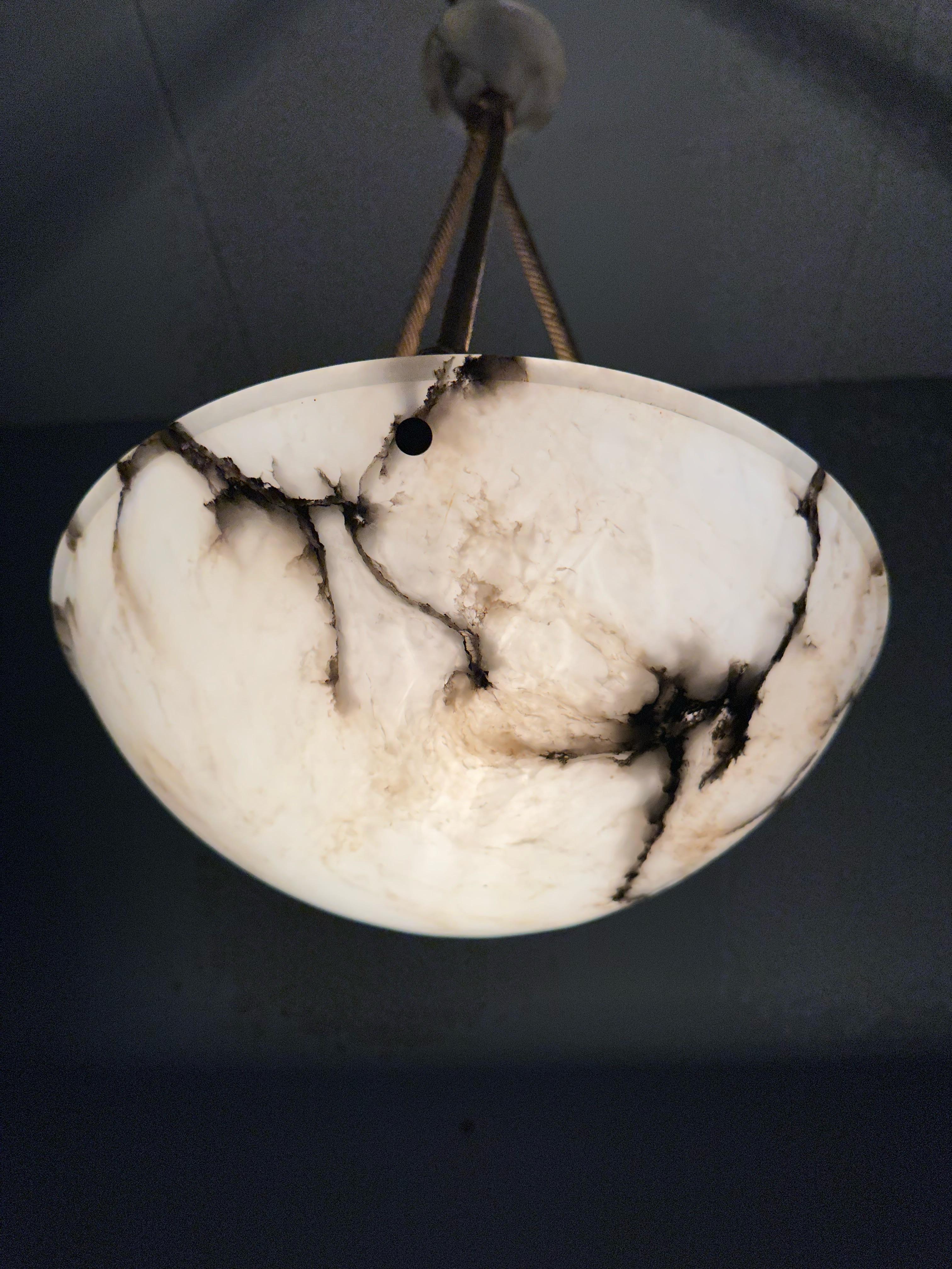 Striking Art Deco White & Black Alabaster Pendant Light w Original Canopy & Rope 9