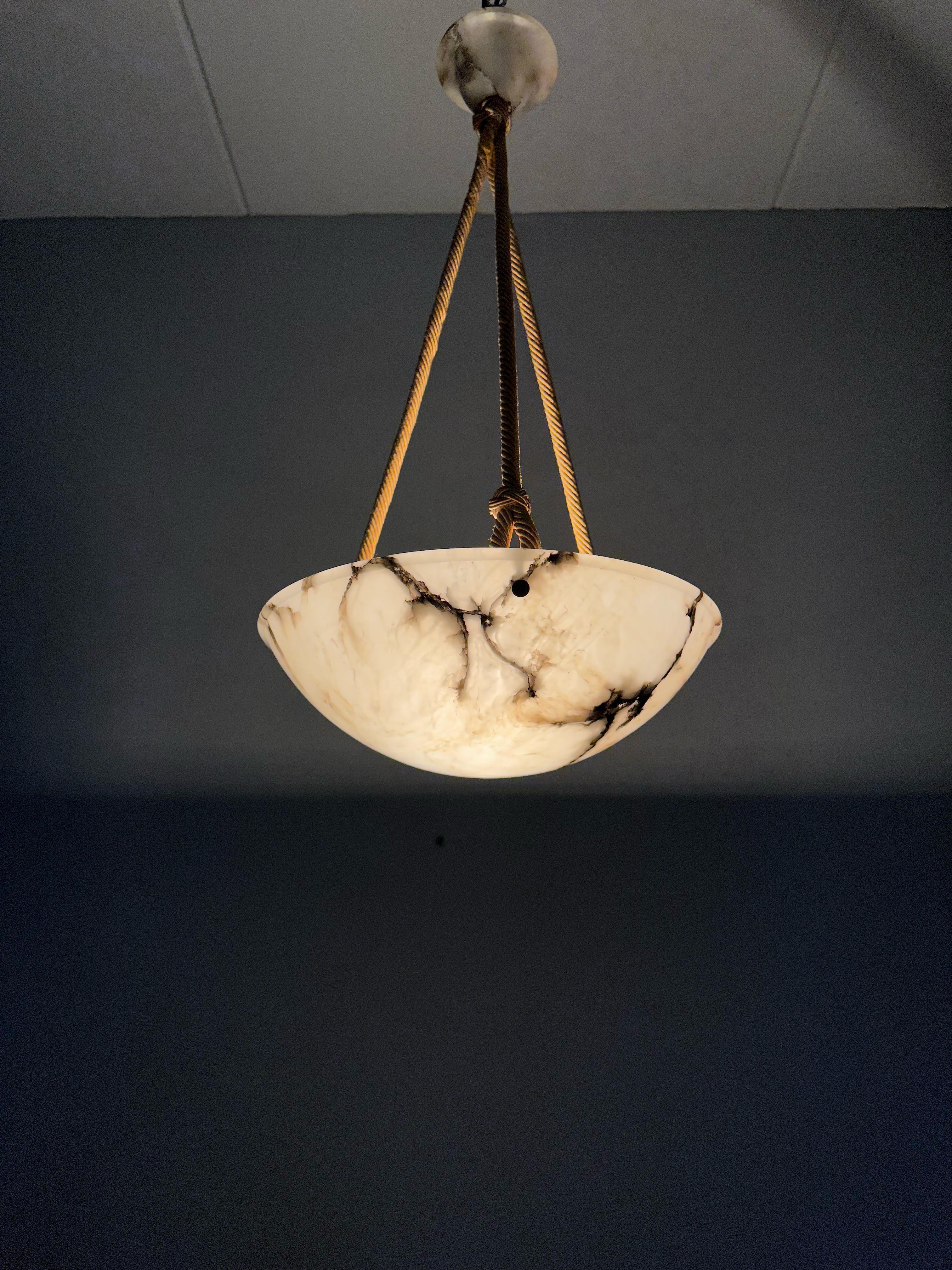 Striking Art Deco White & Black Alabaster Pendant Light w Original Canopy & Rope 11