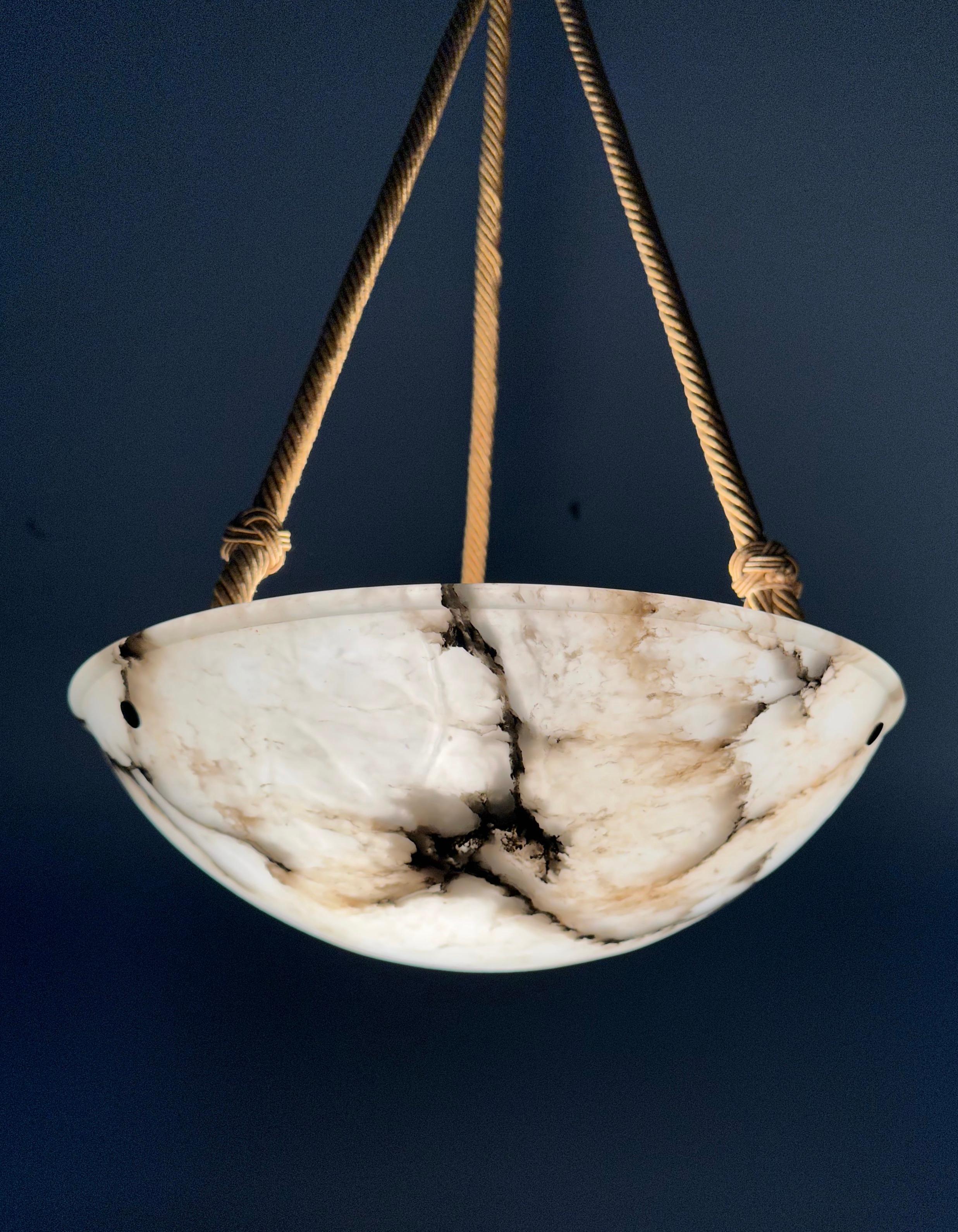 20th Century Striking Art Deco White & Black Alabaster Pendant Light w Original Canopy & Rope