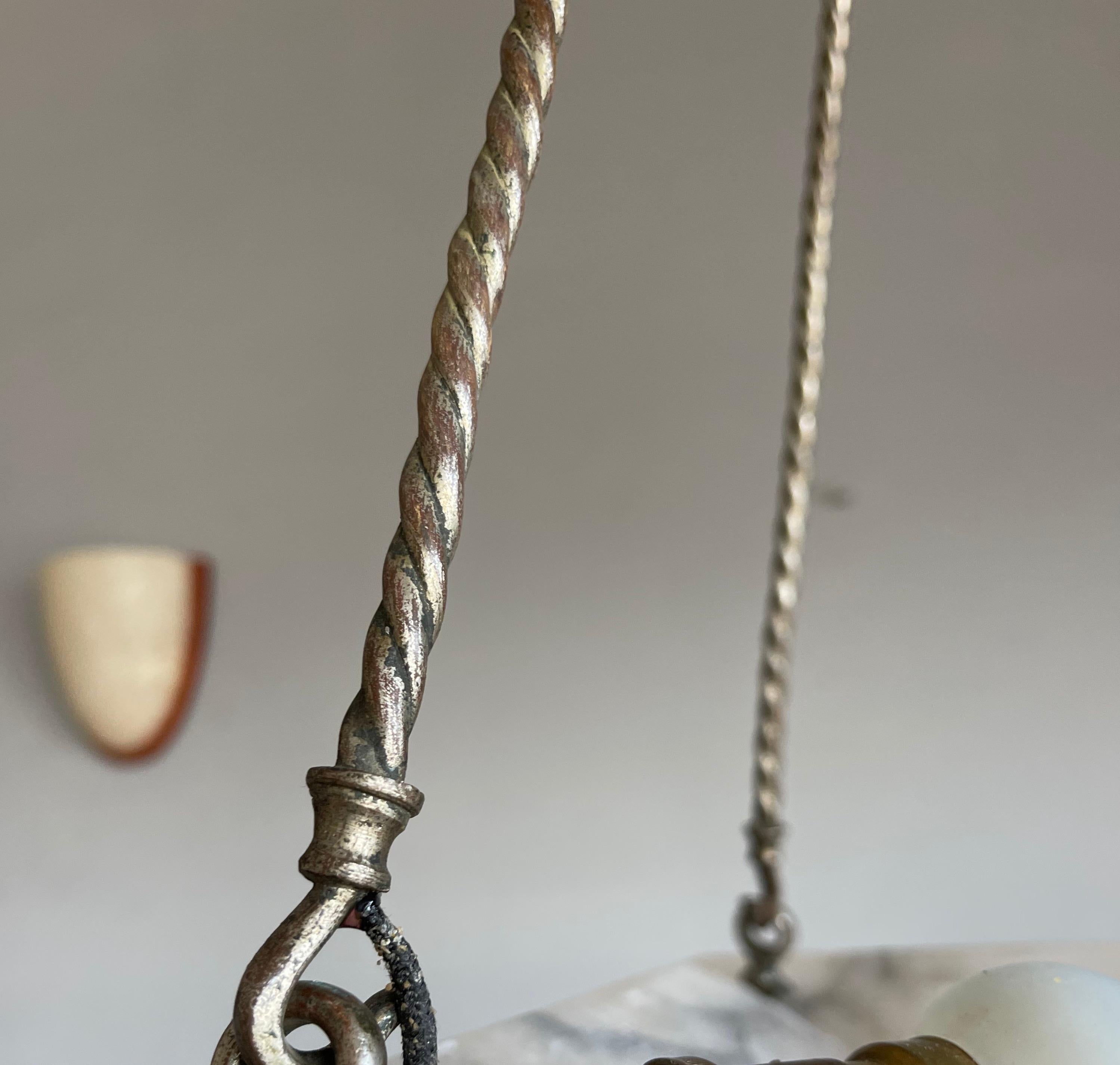 Striking Art Deco White & Black Alabaster Pendant Light w. Silvered Bronze Rope 9