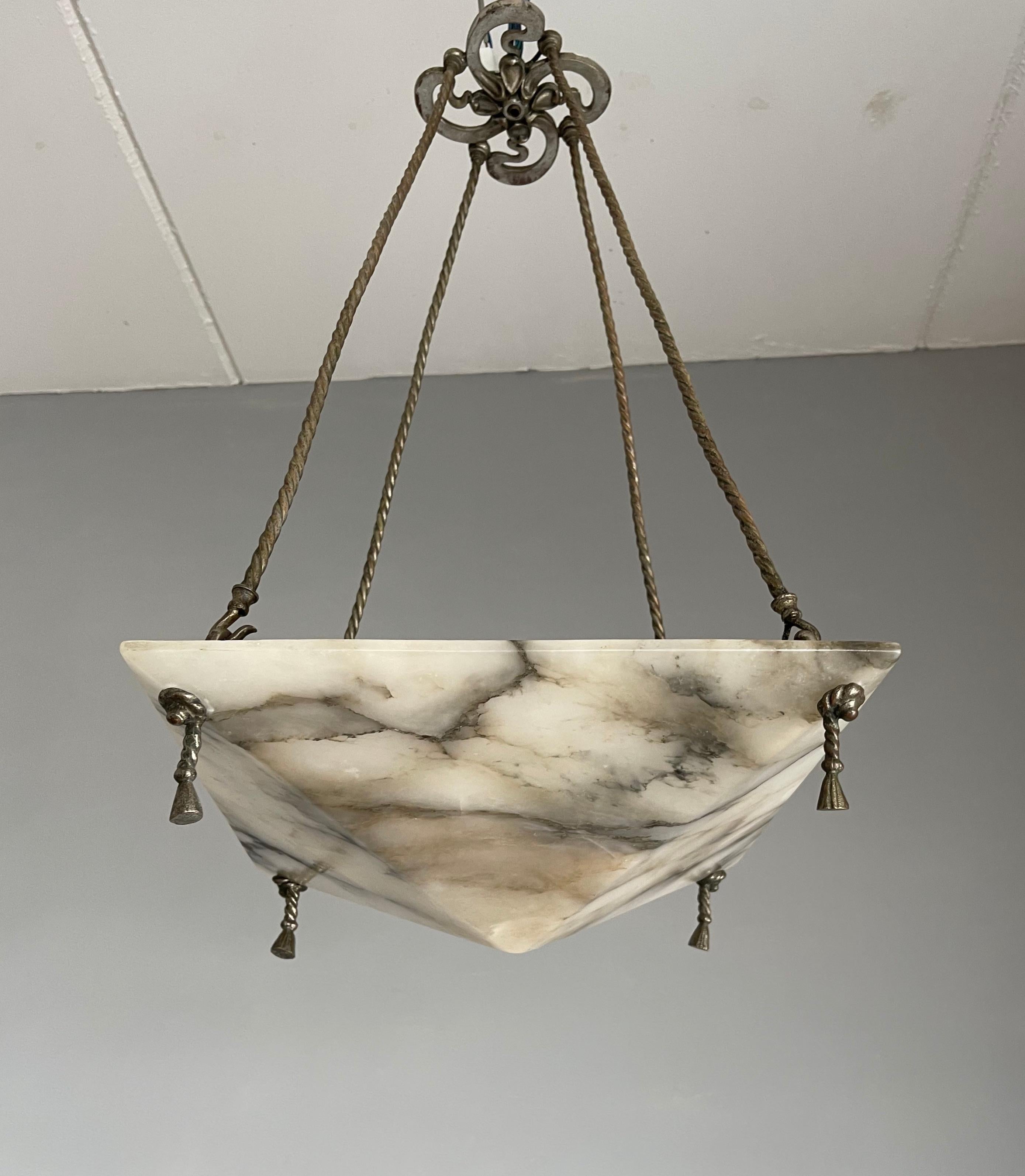 Striking Art Deco White & Black Alabaster Pendant Light w. Silvered Bronze Rope In Good Condition In Lisse, NL