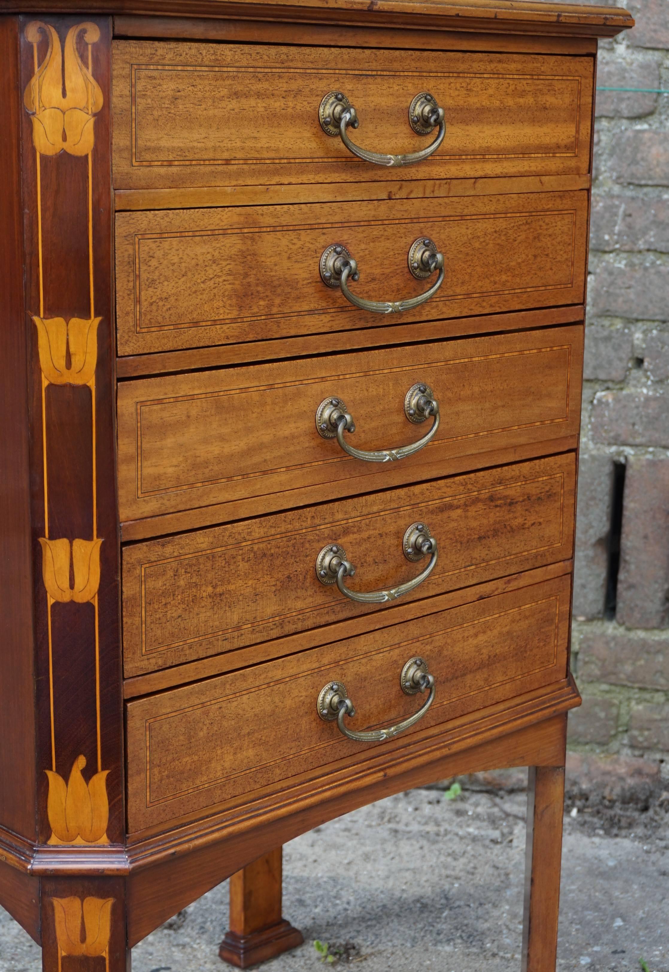 Hand-Crafted Striking Arts and Crafts Mahogany Filing Cabinet Inlaid with Stylized Flowers