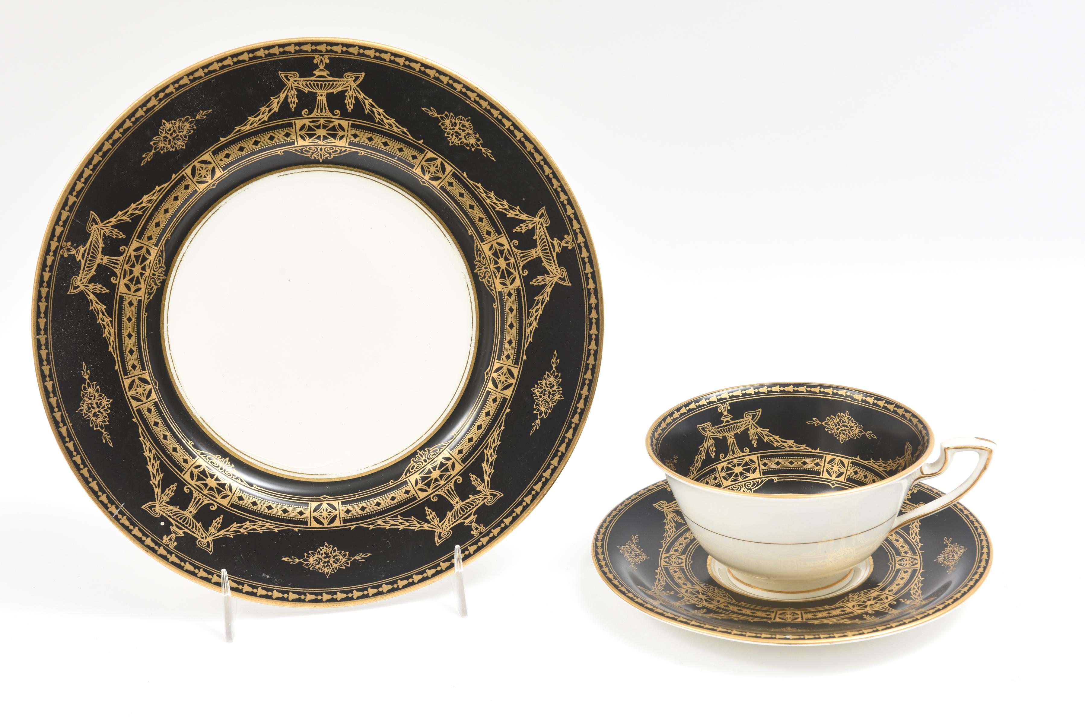 Neoclassical Striking Black and Gold Dessert Service 34 Pcs. Antique Royal Worcester England