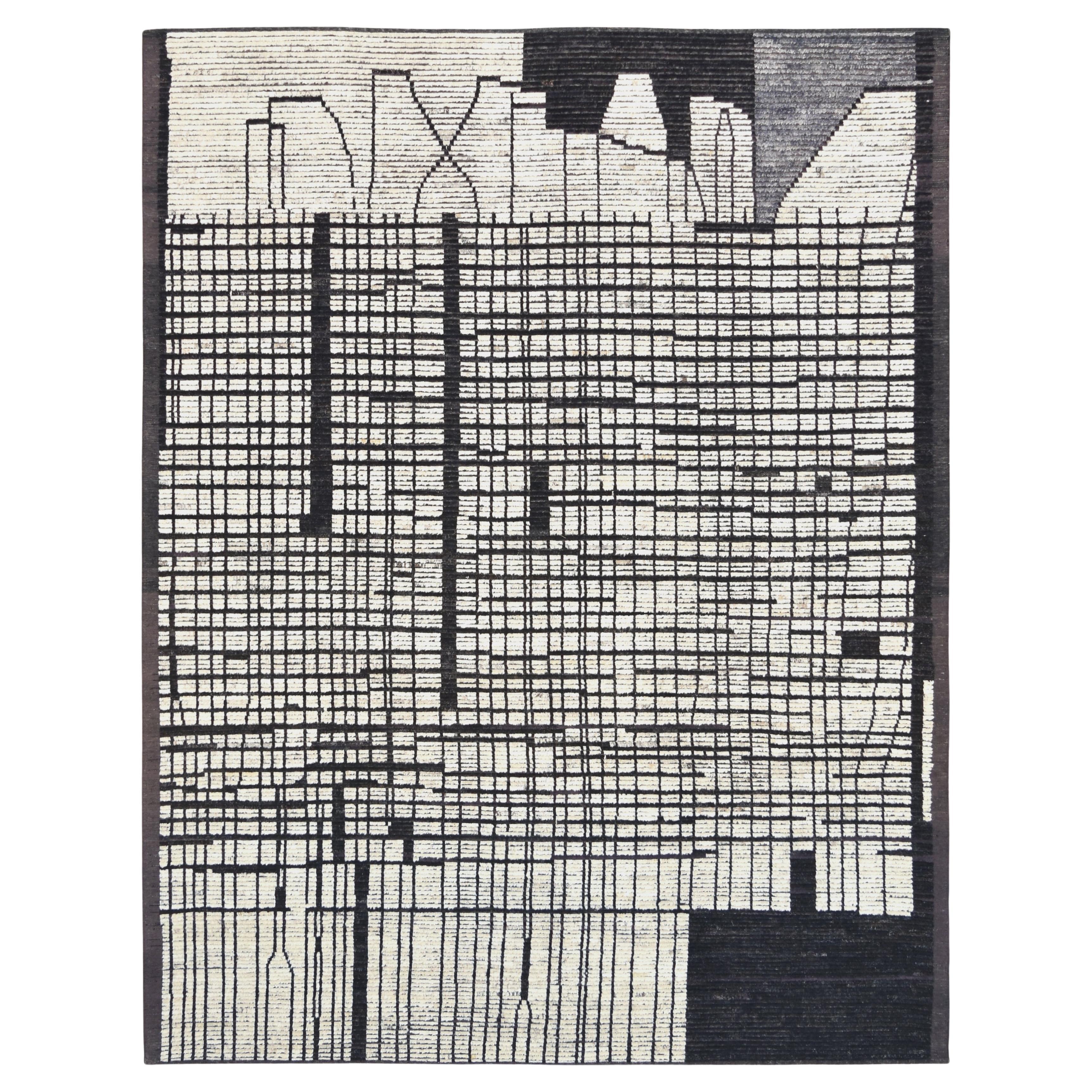 Tapis de laine géométrique noir et ivoire 9'5''x12'1'' (en anglais)