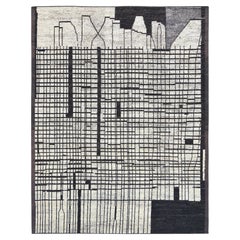 Striking Black-and-Ivory Geometric Wool Rug 9'5''x12'1''