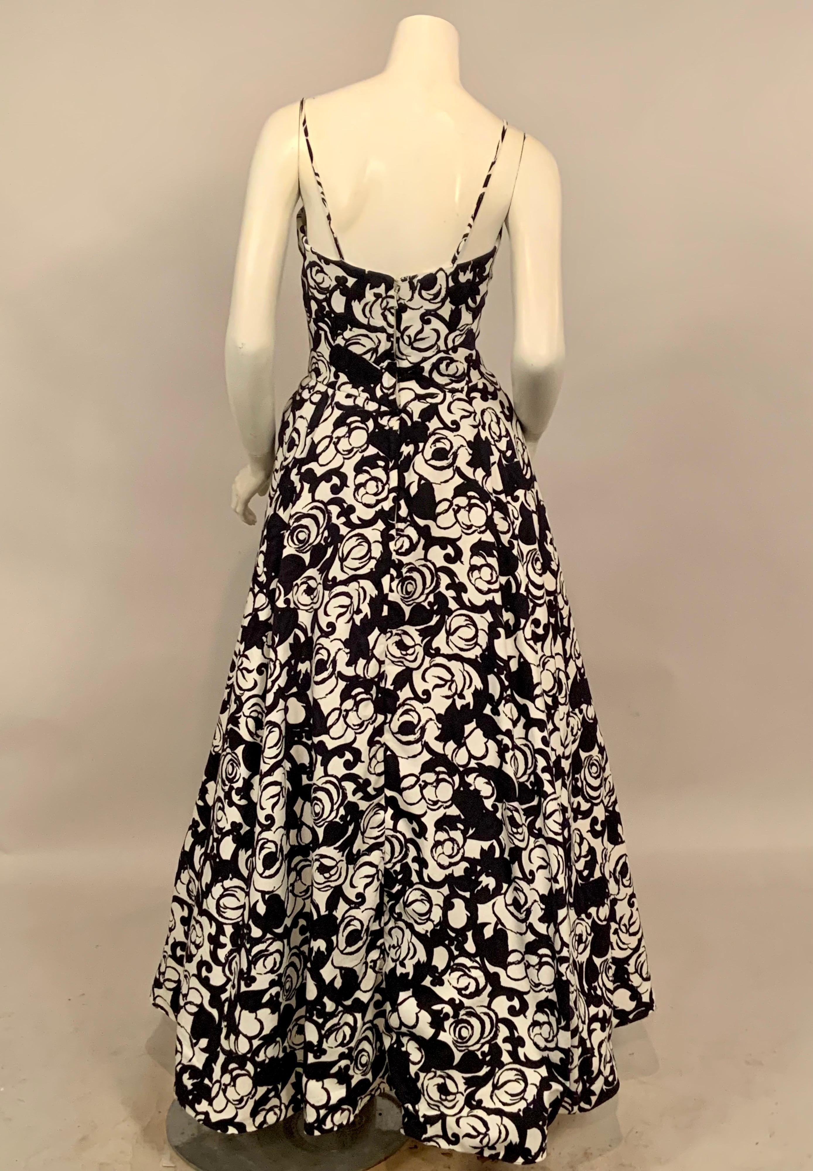 Beige Striking Black and White Floral Print Cotton Pique Evening Gown by Will Steinman