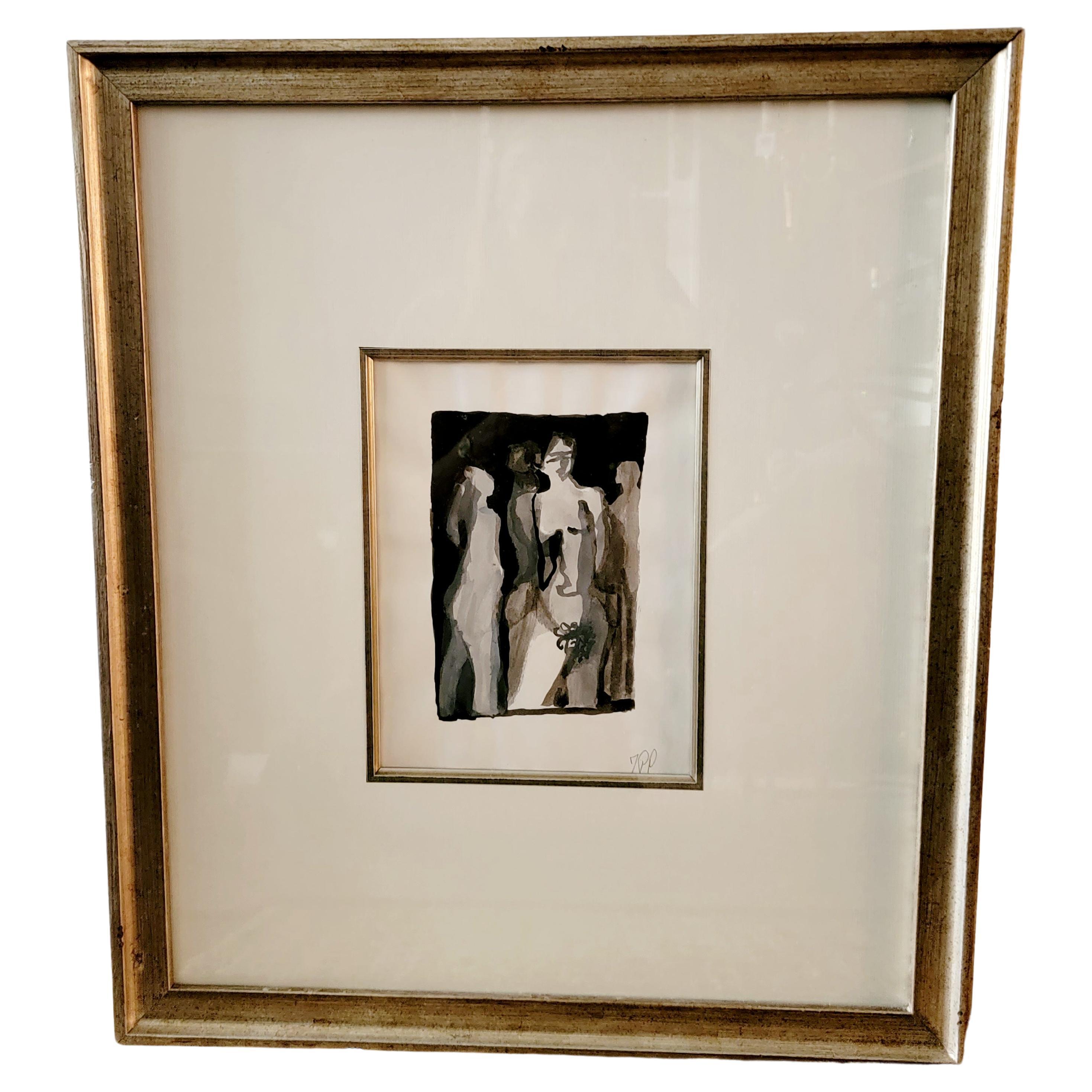 Remarquable aquarelle originale d'un nu noir et blanc en vente