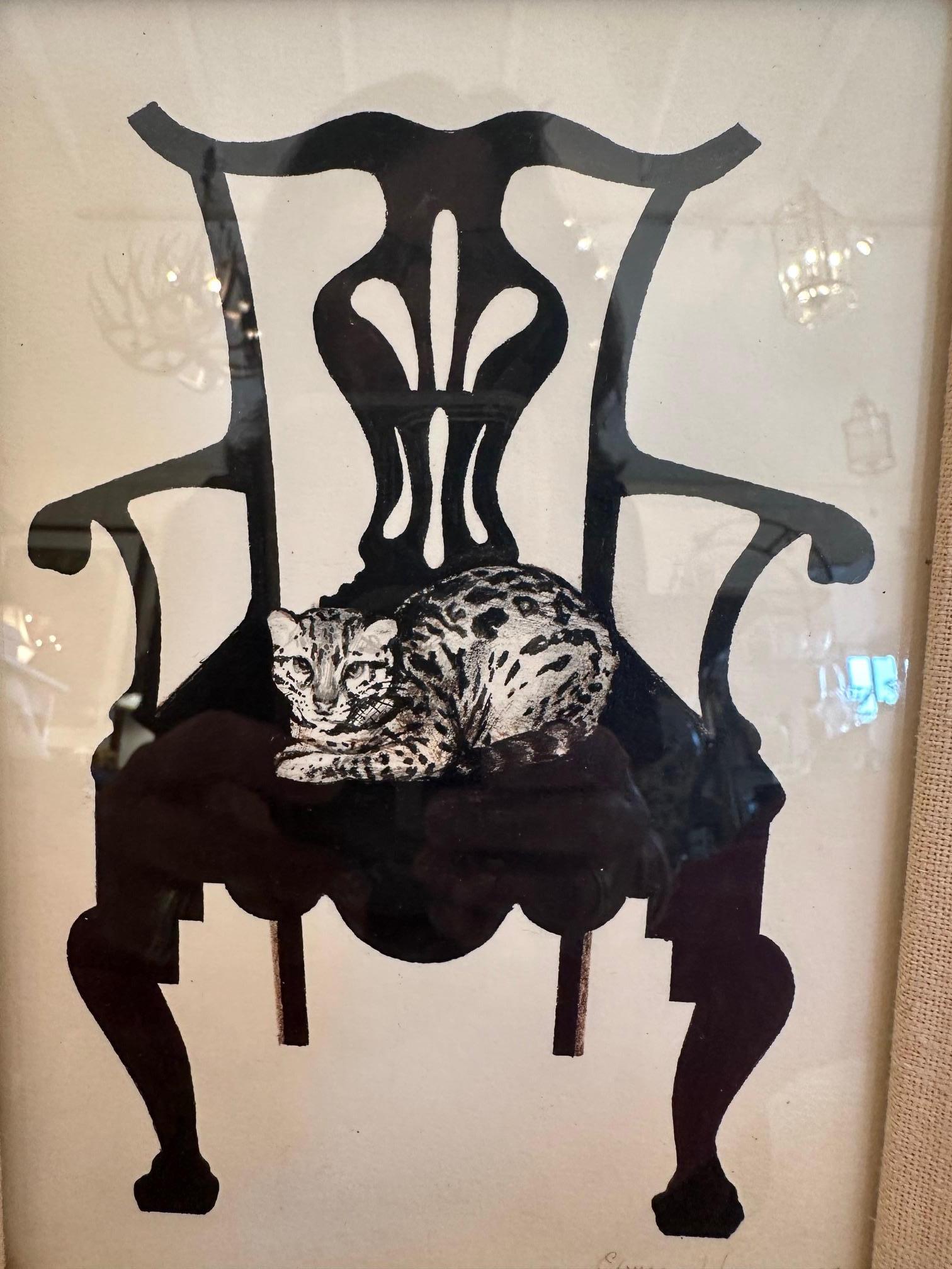 American Striking Black and White Pen and Ink Drawing of Chair & Cat For Sale