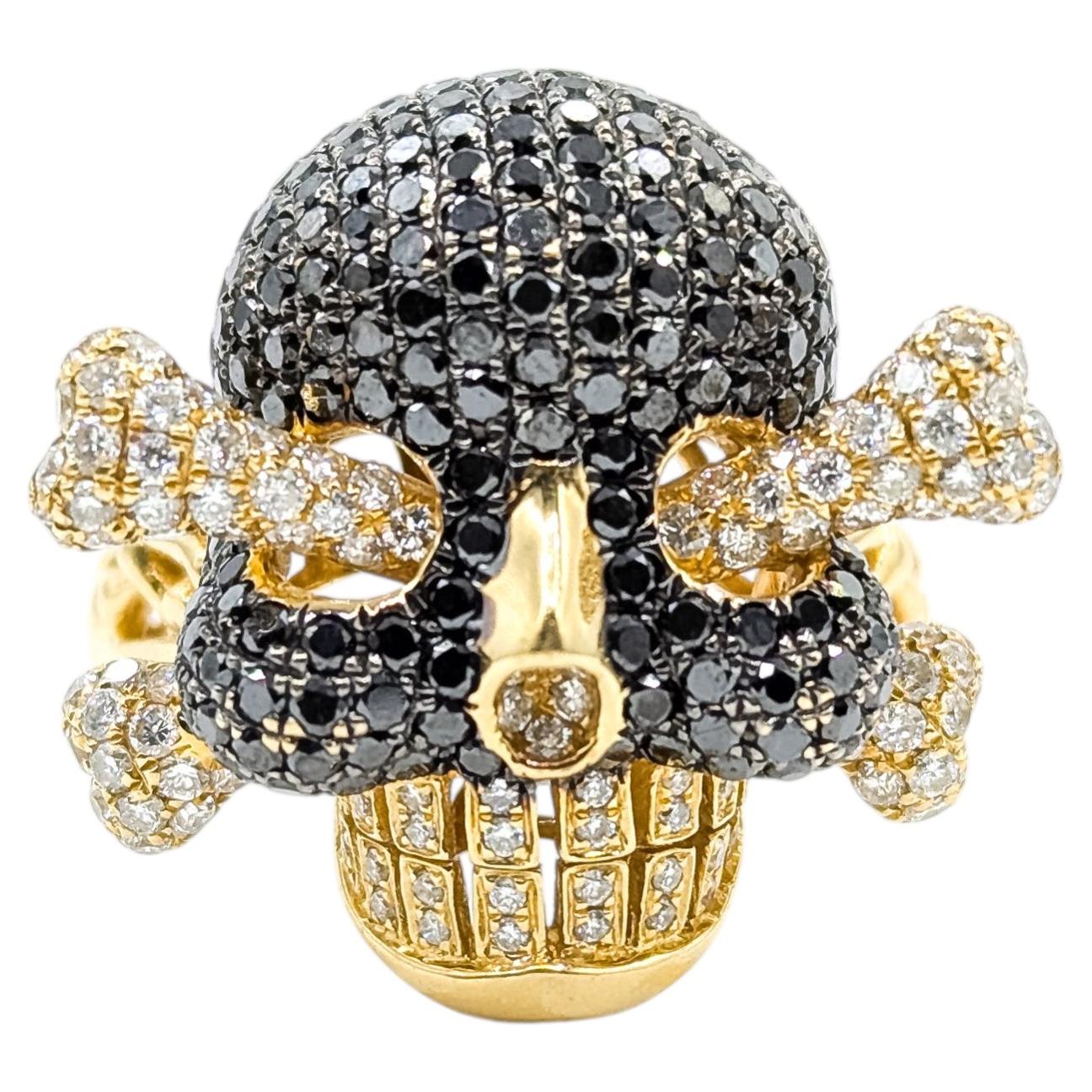 Striking Black & White Diamond Skull Ring in 14k Yellow Gold