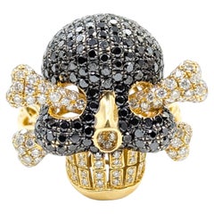 Bague en or jaune 14k avec tête de mort en diamants noirs et blancs Whiting