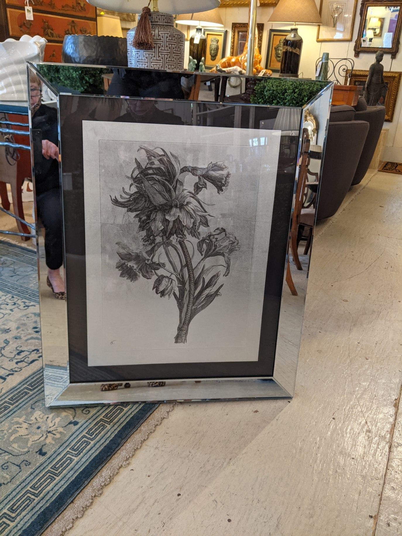 Striking print of botanical daffodils and other spring flowers in black, grey and white, fabulously framed with black matt and mirrored molding.