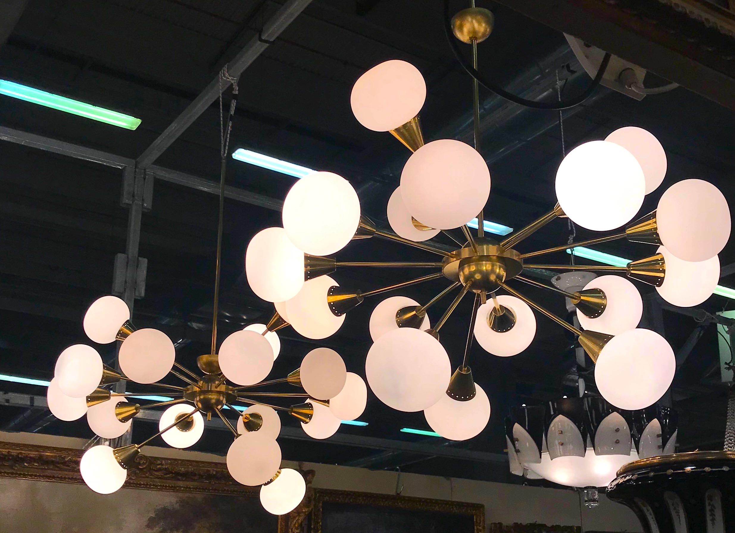 Striking Brass and Opaline Murano Glass Large Sputnik Chandelier Italy 1970' For Sale 3