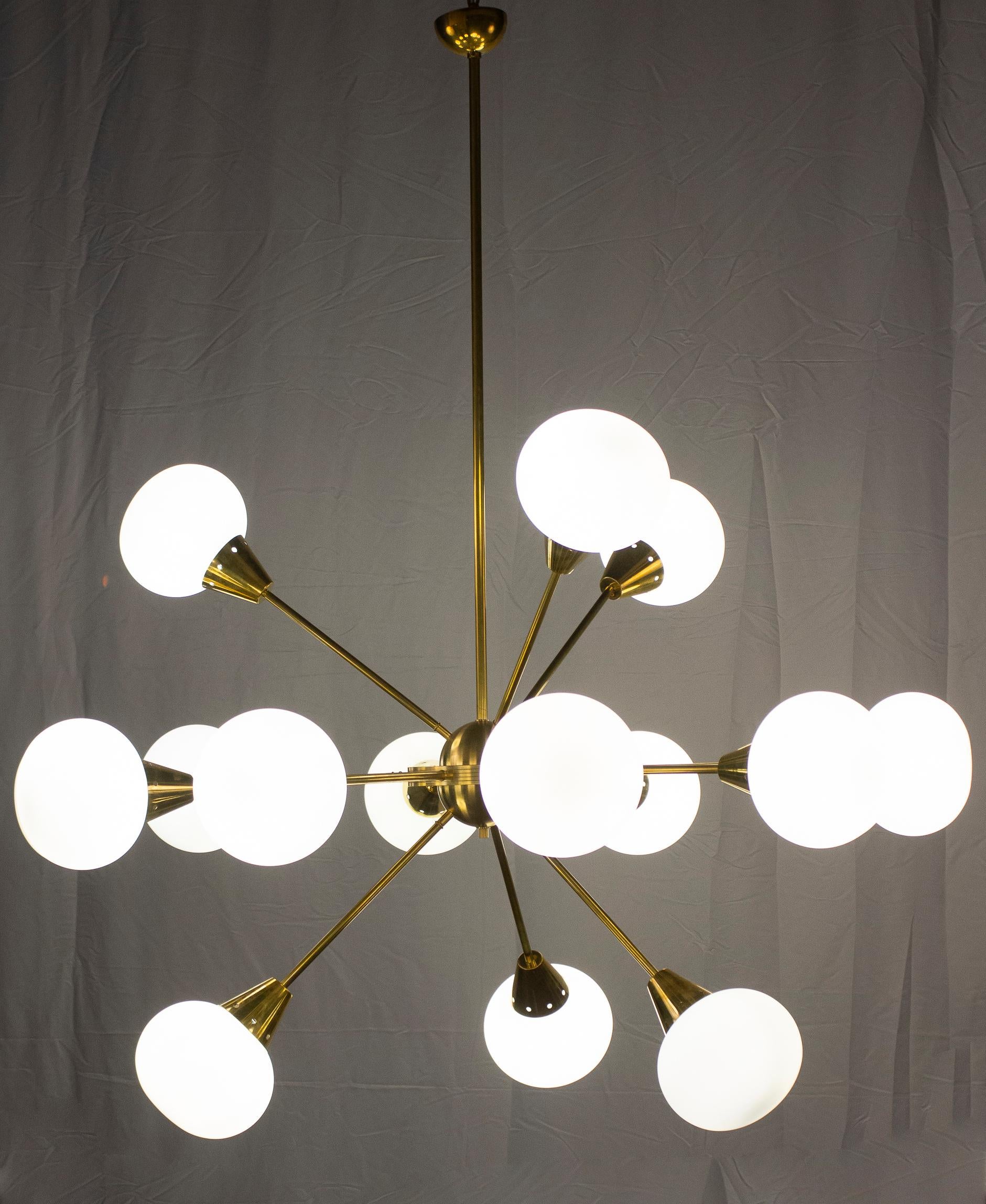 Striking Brass and Opaline Murano Glass Large Sputnik Chandelier Italy 1970' For Sale 11