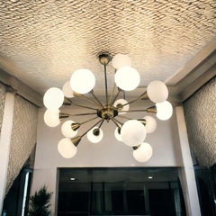 Striking Brass and Opaline Murano Glass Large Sputnik Chandelier Italy 1970'