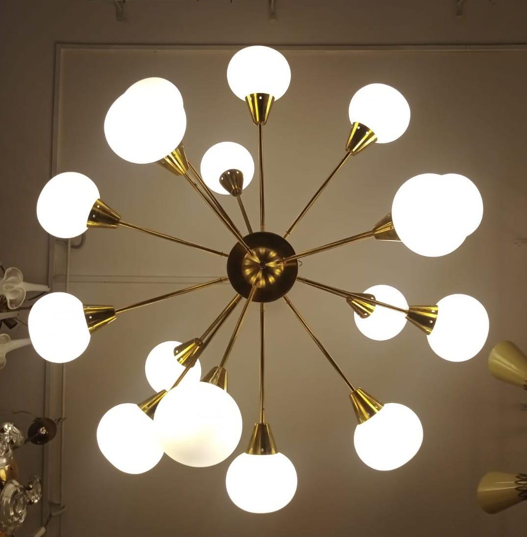 Striking Brass and Opaline Murano Glass Large Sputnik Chandelier Italy 1970' For Sale 13