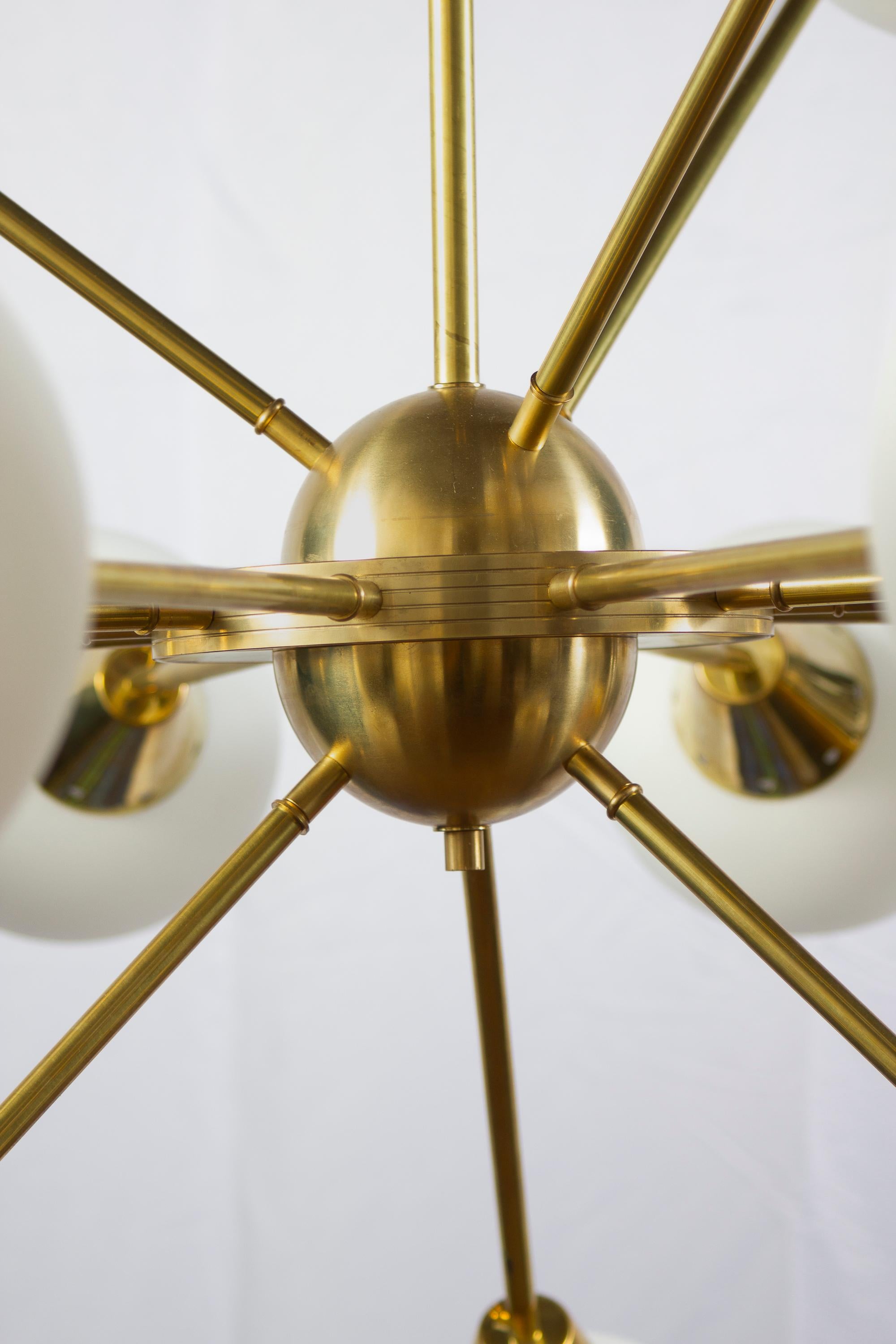 European Striking Brass and Opaline Murano Glass Large Sputnik Chandelier Italy 1970' For Sale