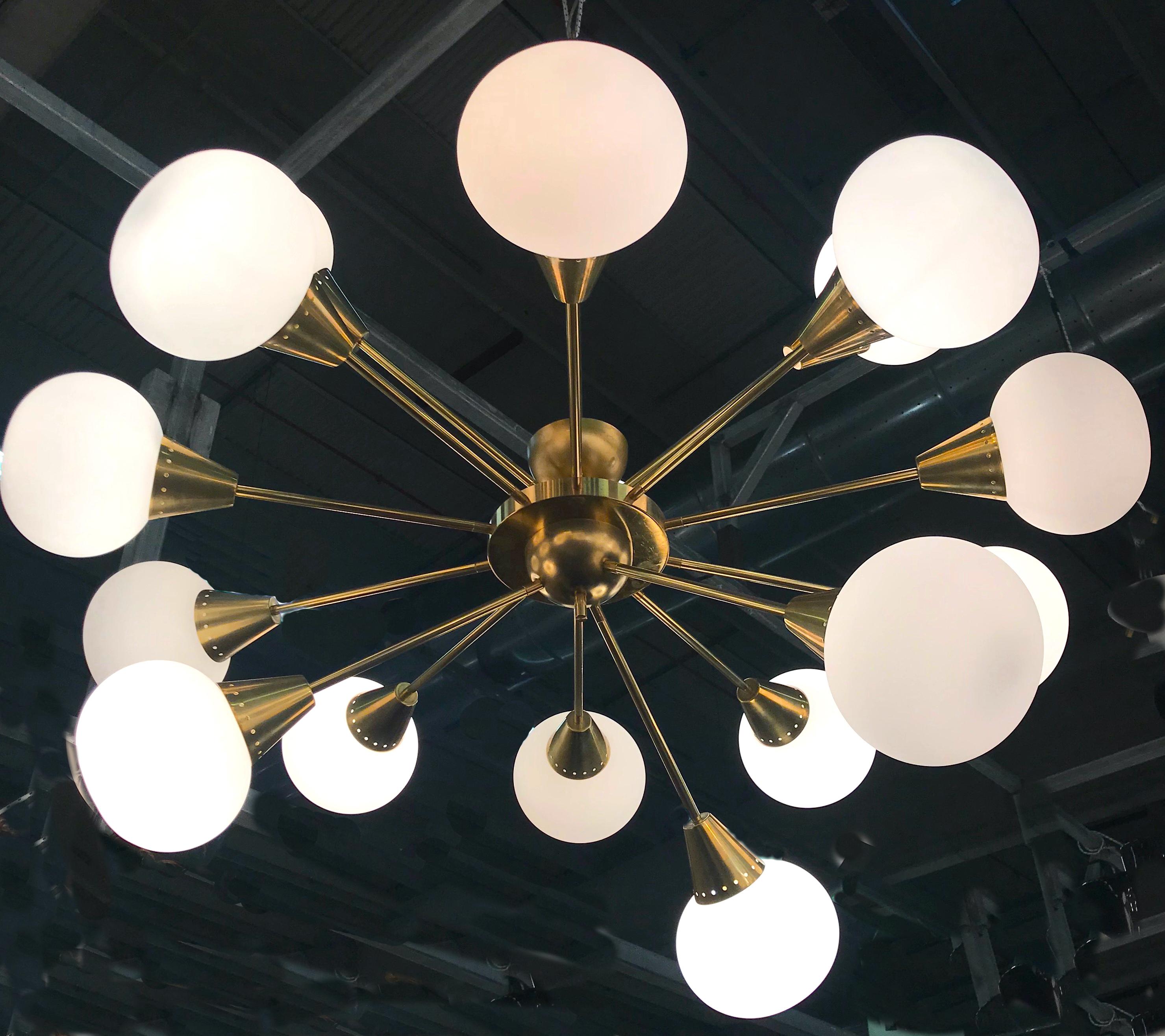 Late 20th Century Striking Brass and Opaline Murano Glass Large Sputnik Chandelier Italy 1970' For Sale