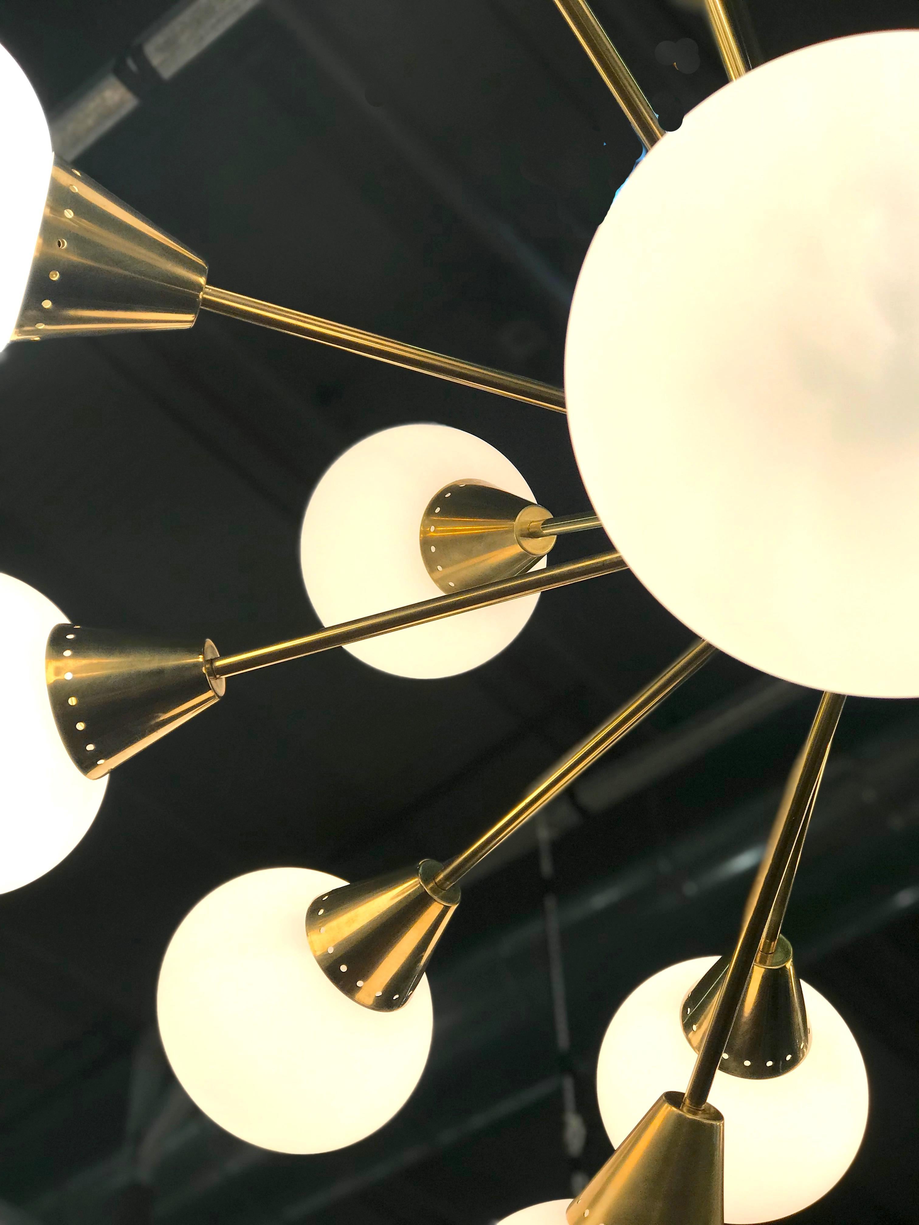 Blown Glass Striking Brass and Opaline Murano Glass Large Sputnik Chandelier Italy 1970' For Sale