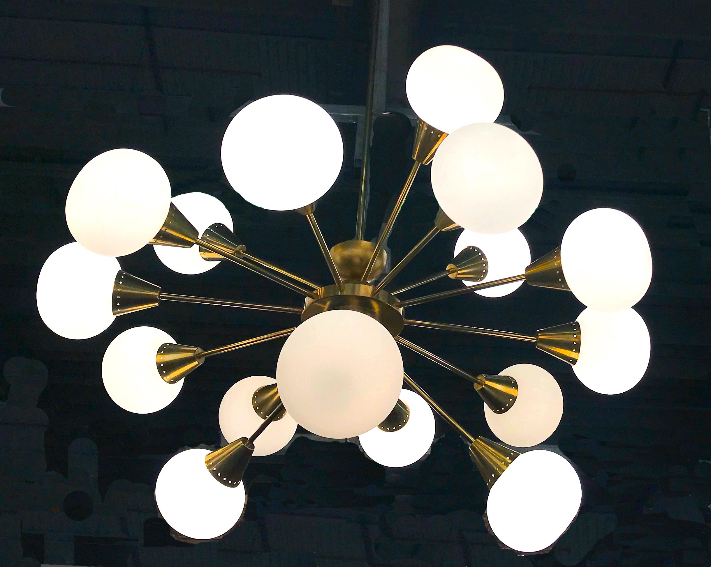 Striking Brass and Opaline Murano Glass Large Sputnik Chandelier Italy 1970' For Sale 2