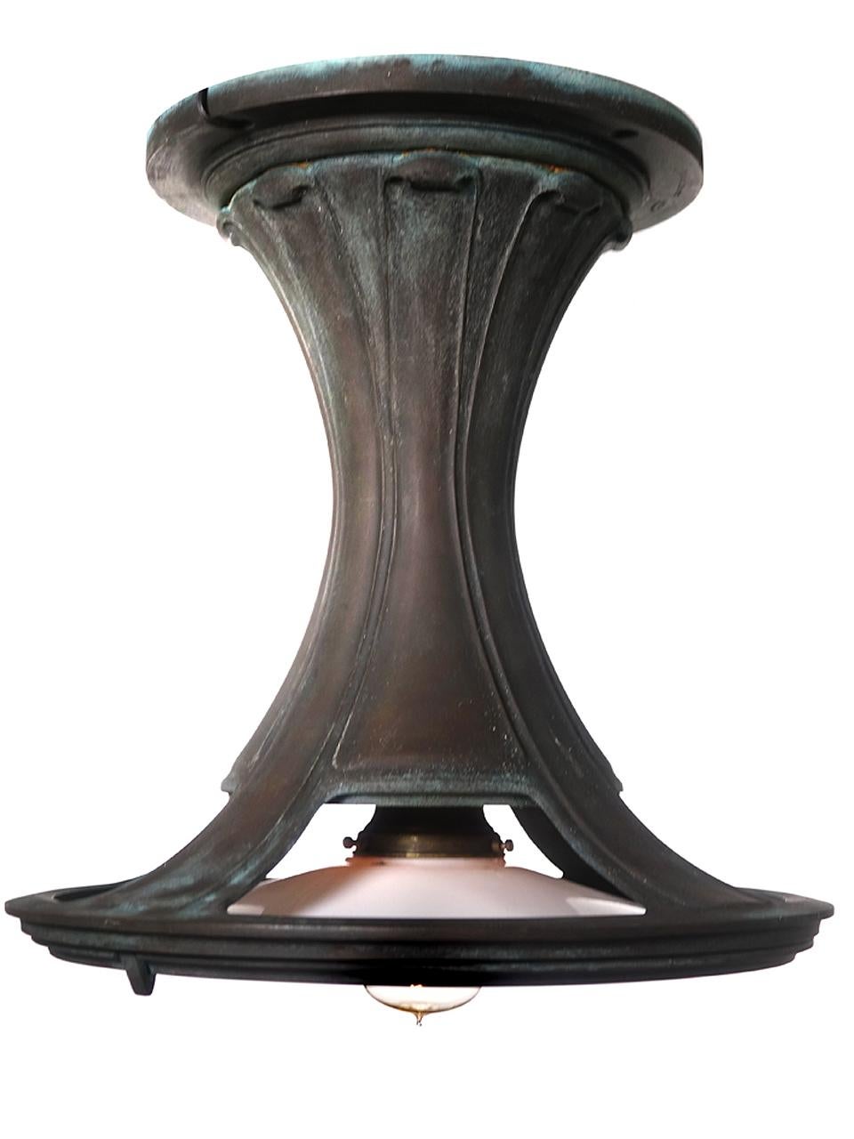 Striking Bronze Art Nouveau Railroad Ceiling Lamp In Good Condition In Peekskill, NY