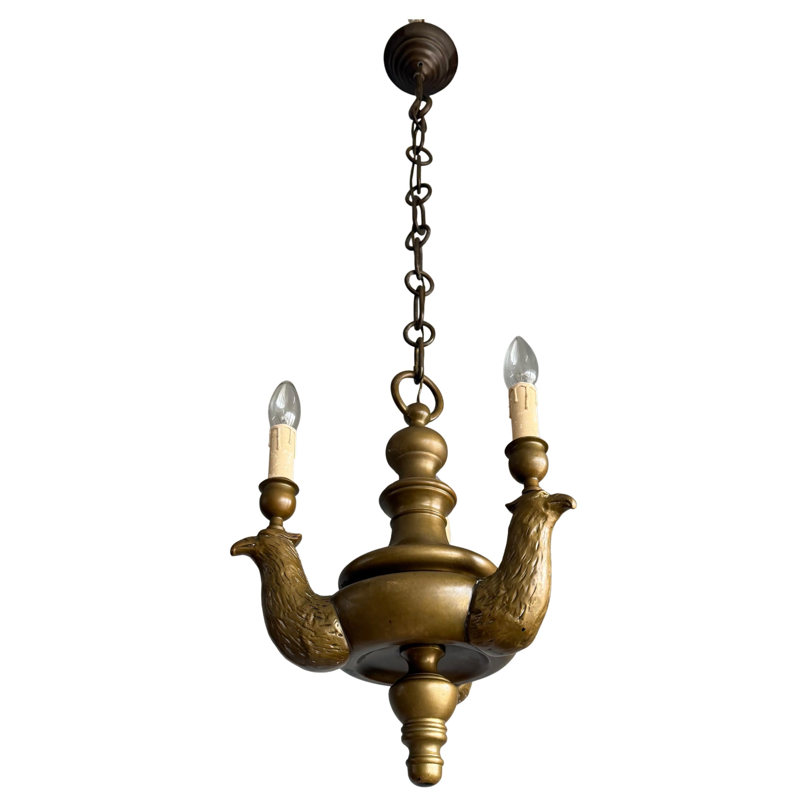 Striking Bronze Chandelier with Sculptural Eagle Arms, Three Lights Pendant For Sale