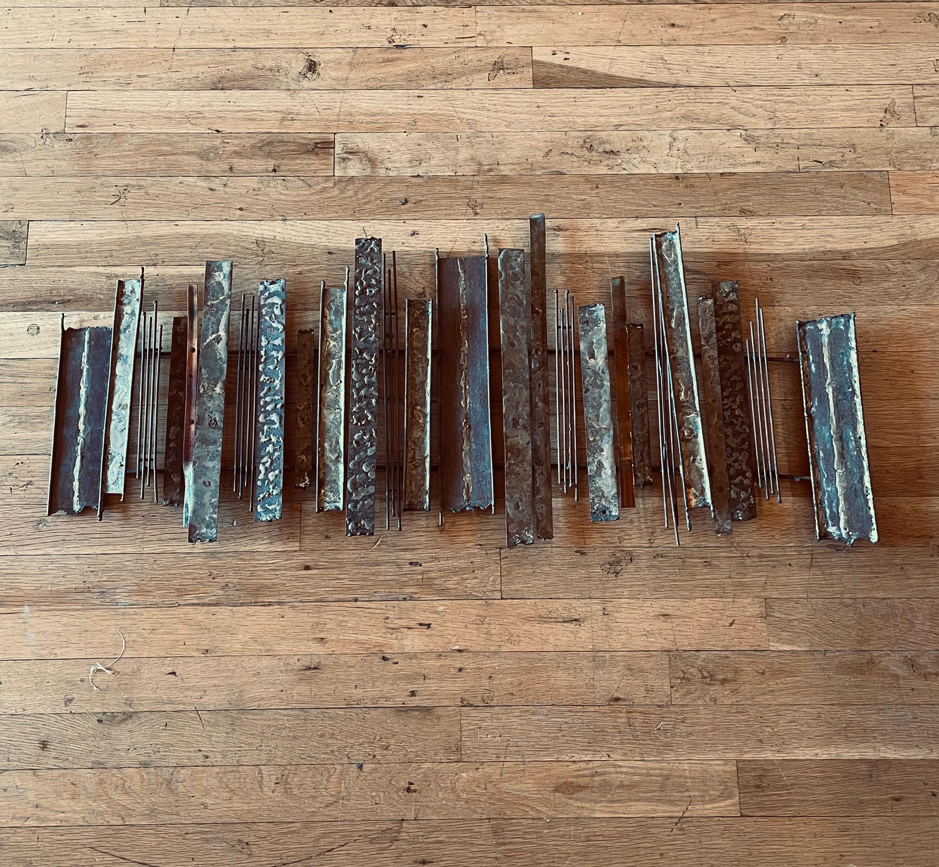 North American Striking Brutalist Patinated Brass and Copper & Enamel Wall Sculpture