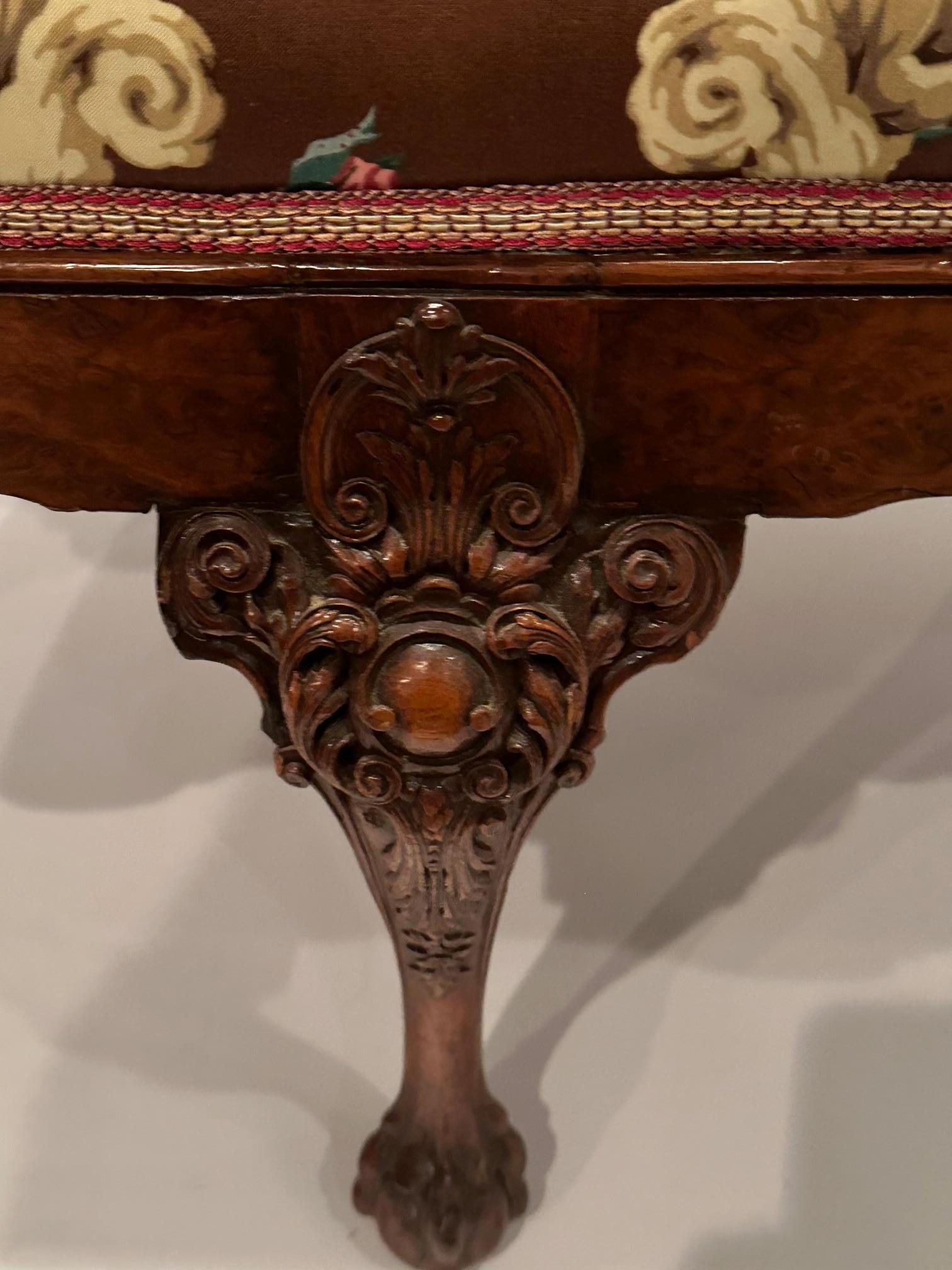 Striking Carved Burlwood & Mahogany Loveseat with Staffordshire Dog Motif Fabric In Good Condition For Sale In Hopewell, NJ