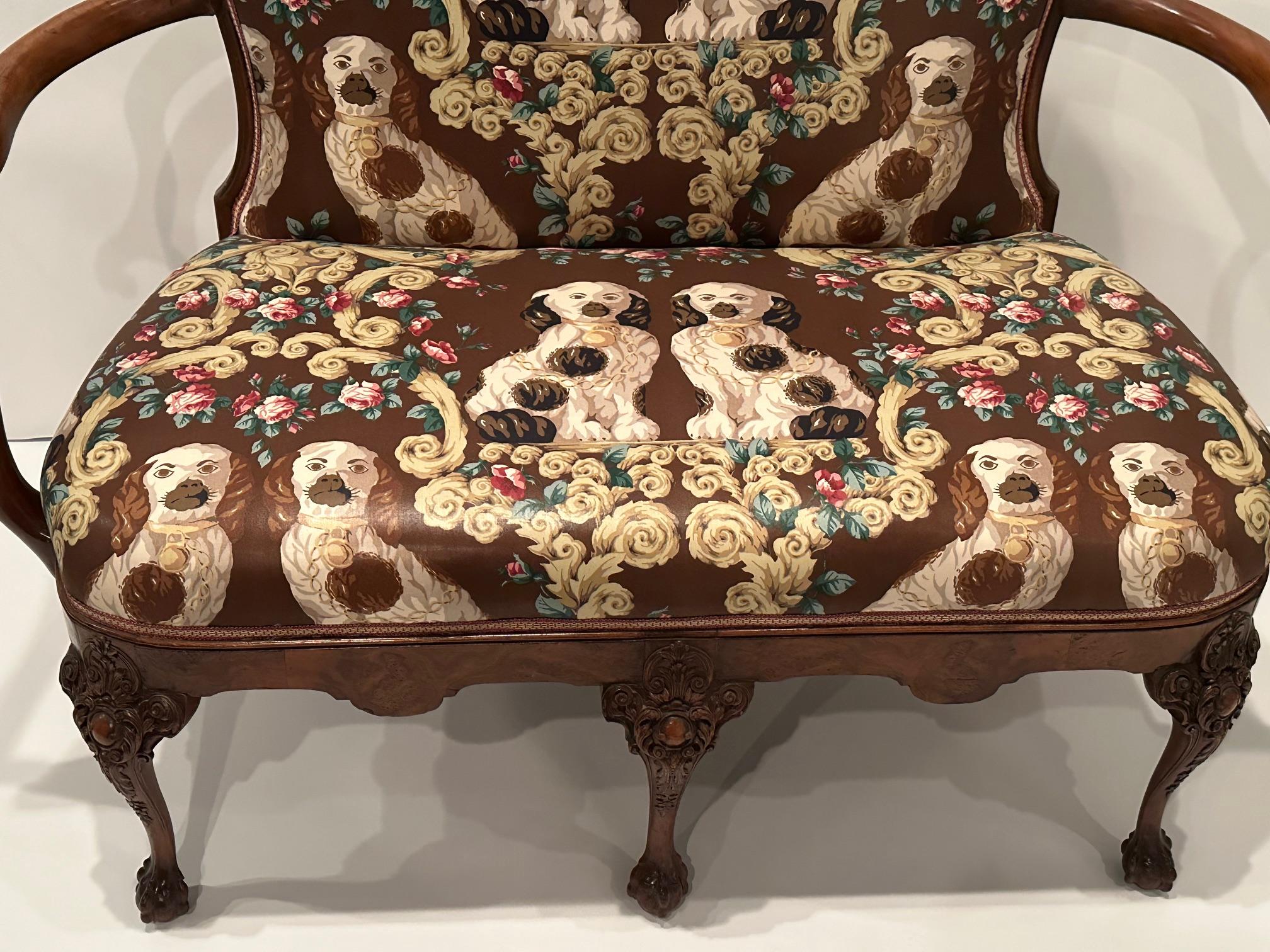 Upholstery Striking Carved Burlwood & Mahogany Loveseat with Staffordshire Dog Motif Fabric For Sale