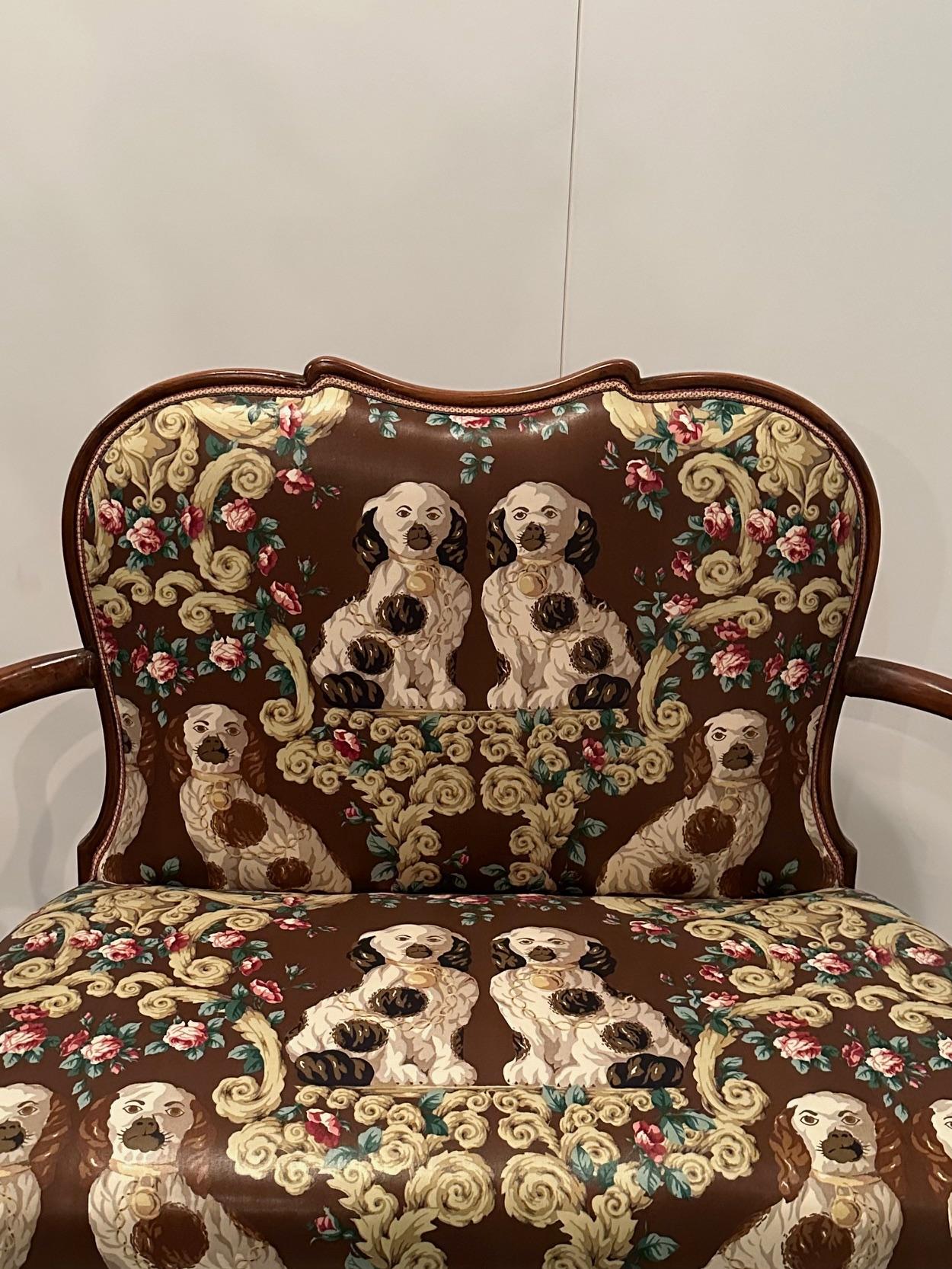 Striking Carved Burlwood & Mahogany Loveseat with Staffordshire Dog Motif Fabric For Sale 1