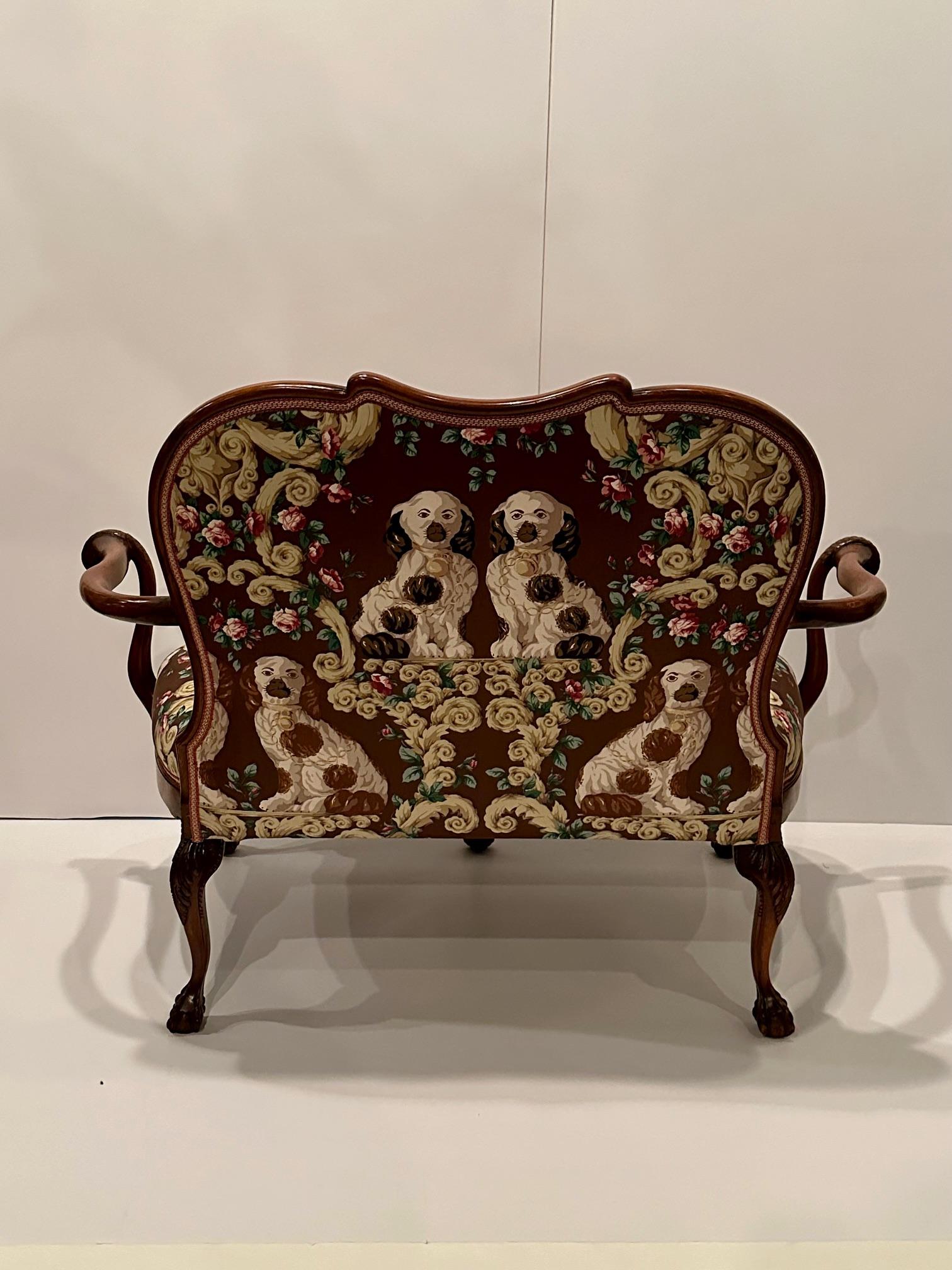 Striking Carved Burlwood & Mahogany Loveseat with Staffordshire Dog Motif Fabric For Sale 2