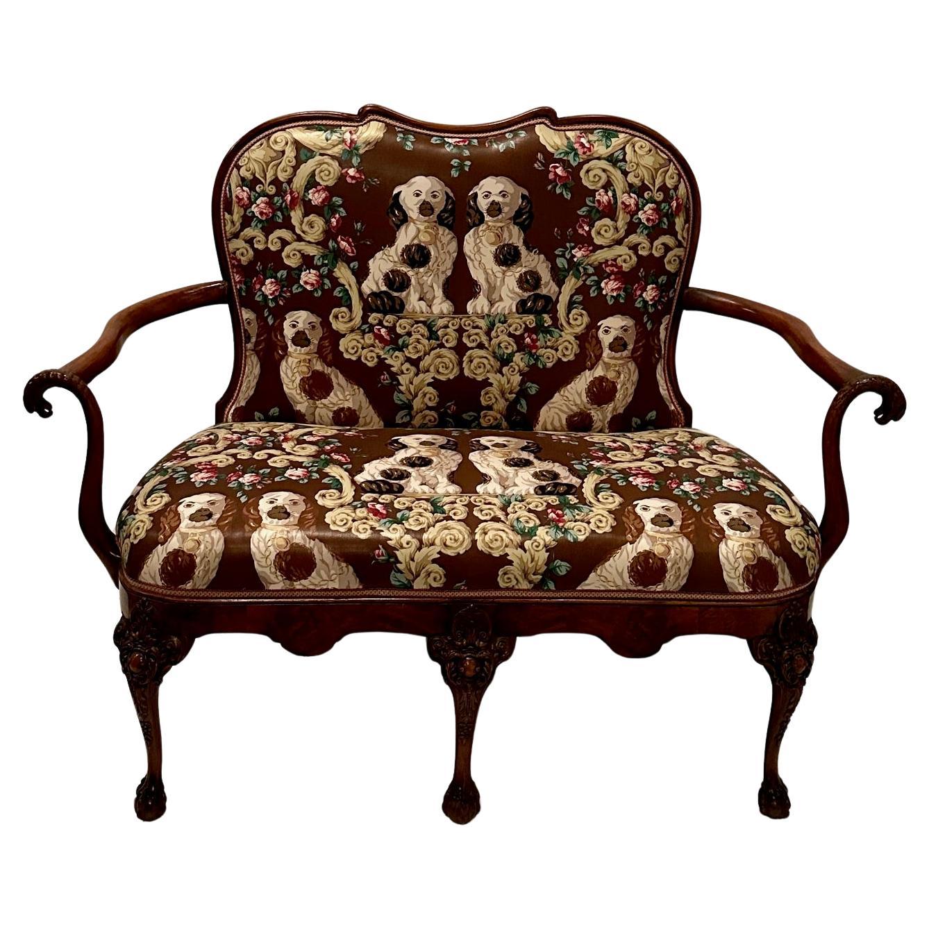 Striking Carved Burlwood & Mahogany Loveseat with Staffordshire Dog Motif Fabric For Sale