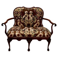 Antique Striking Carved Burlwood & Mahogany Loveseat with Staffordshire Dog Motif Fabric