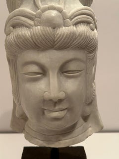 Striking Carved Marble Bust of Quan Yin Figure on Custom Stand